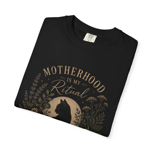 Motherhood Is My Ritual Shirt | Witchy Cat Mom Tee | Botanical Moon Floral T-Shirt | Cottagecore Spiritual Mom Gift | Black Cat Aesthetic Top