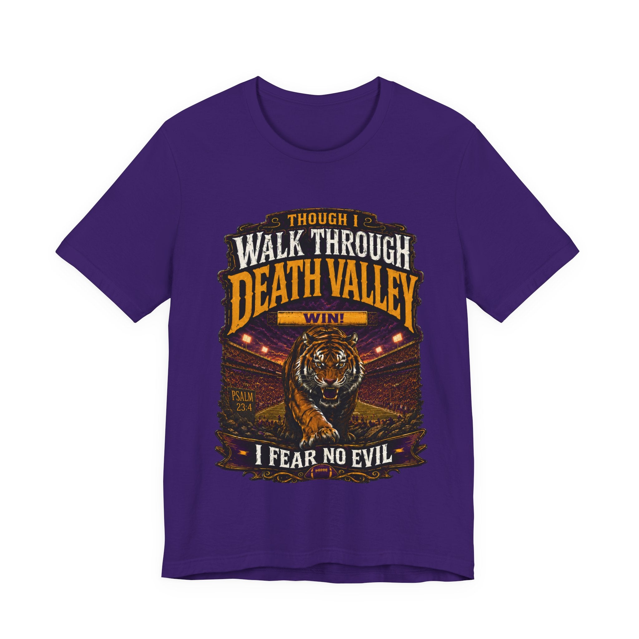Though I Walk Through Death Valley Shirt, Purple Gold Tiger Football Tee, Louisiana Game Day Shirt, Fear No Evil Football Fan Tee