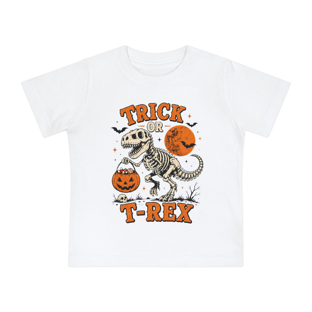 Trick or T-Rex Baby Short Sleeve T-Shirt | Halloween Dinosaur Pumpkin