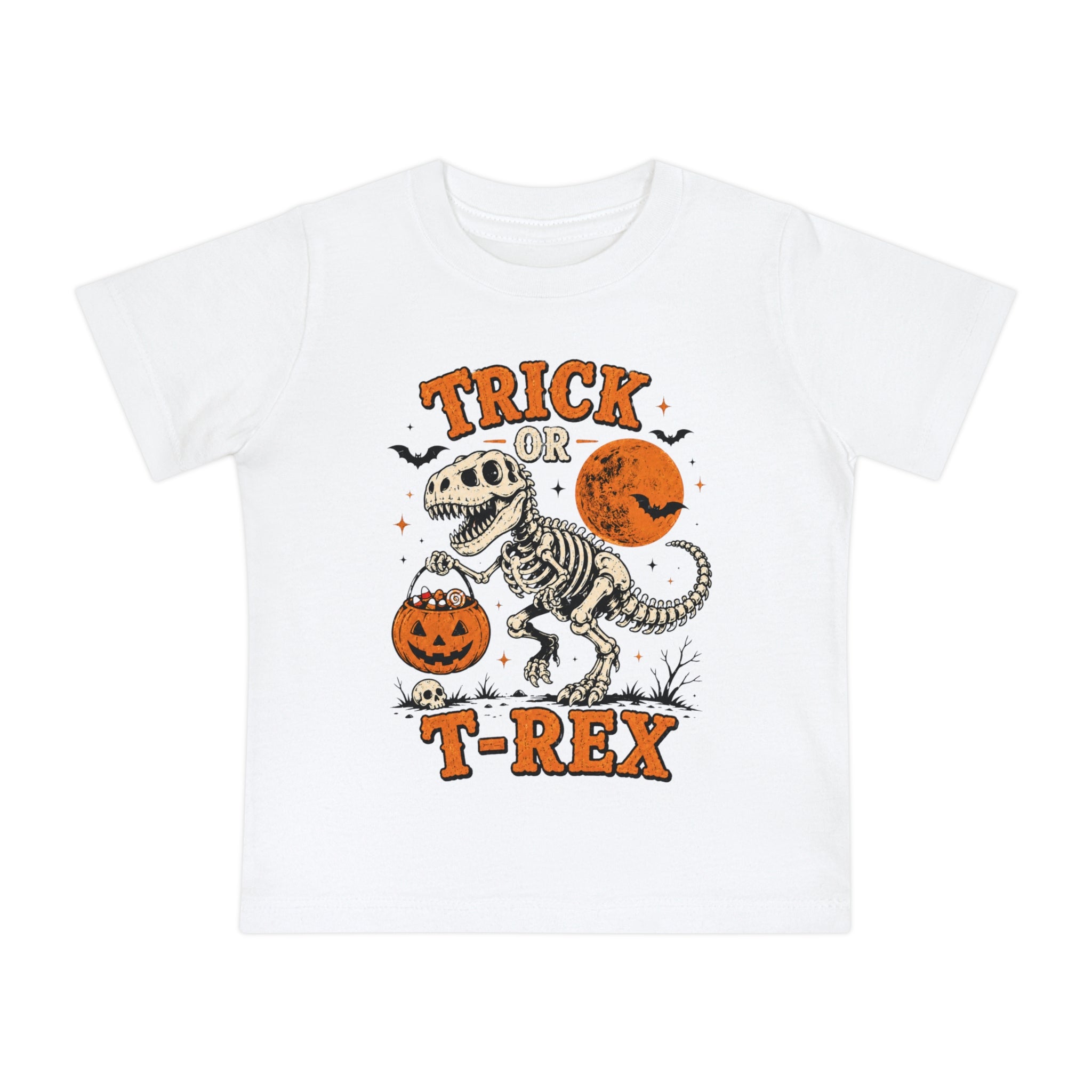 Trick or T-Rex Baby Short Sleeve T-Shirt | Halloween Dinosaur Pumpkin