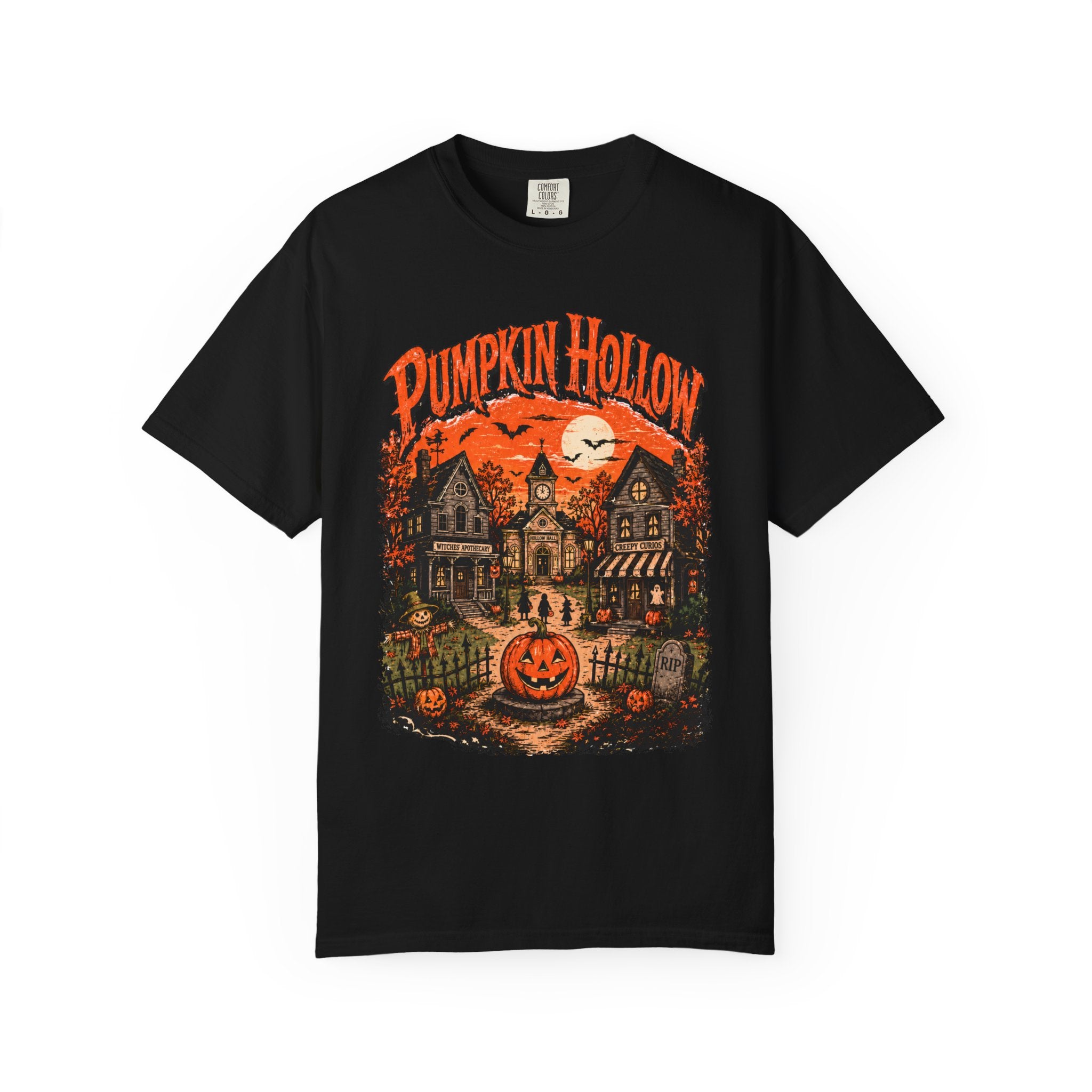 Pumpkin Hollow Halloween scene T-shirt | Vintage haunted village design