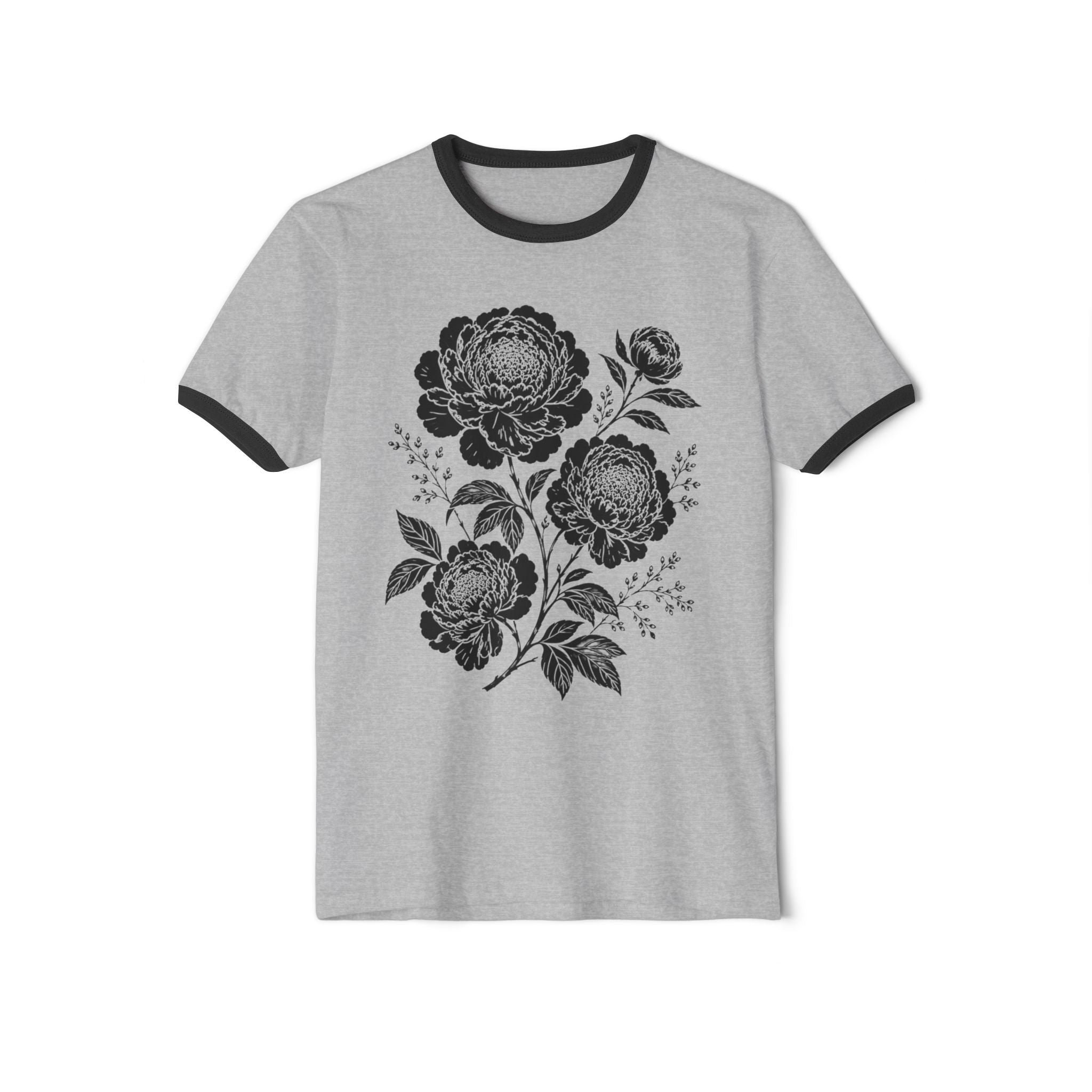 Vintage Peony Ringer Shirt, Botanical Floral Graphic Tee, Cottagecore Flower TShirt, Retro Black Floral Tee, Boho Garden Shirt Gift