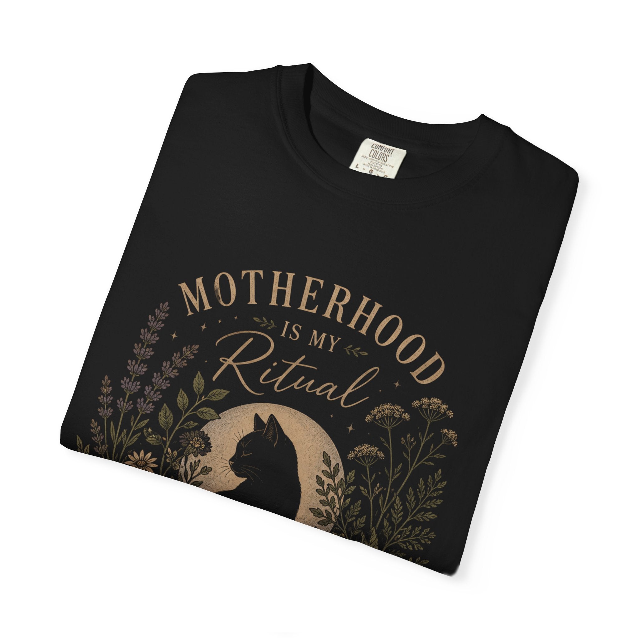 Motherhood Is My Ritual Shirt Witchy Botanical Moon Floral T-Shirt  Cottagecore Spiritual Mom Gift | Black Cat Aesthetic Top