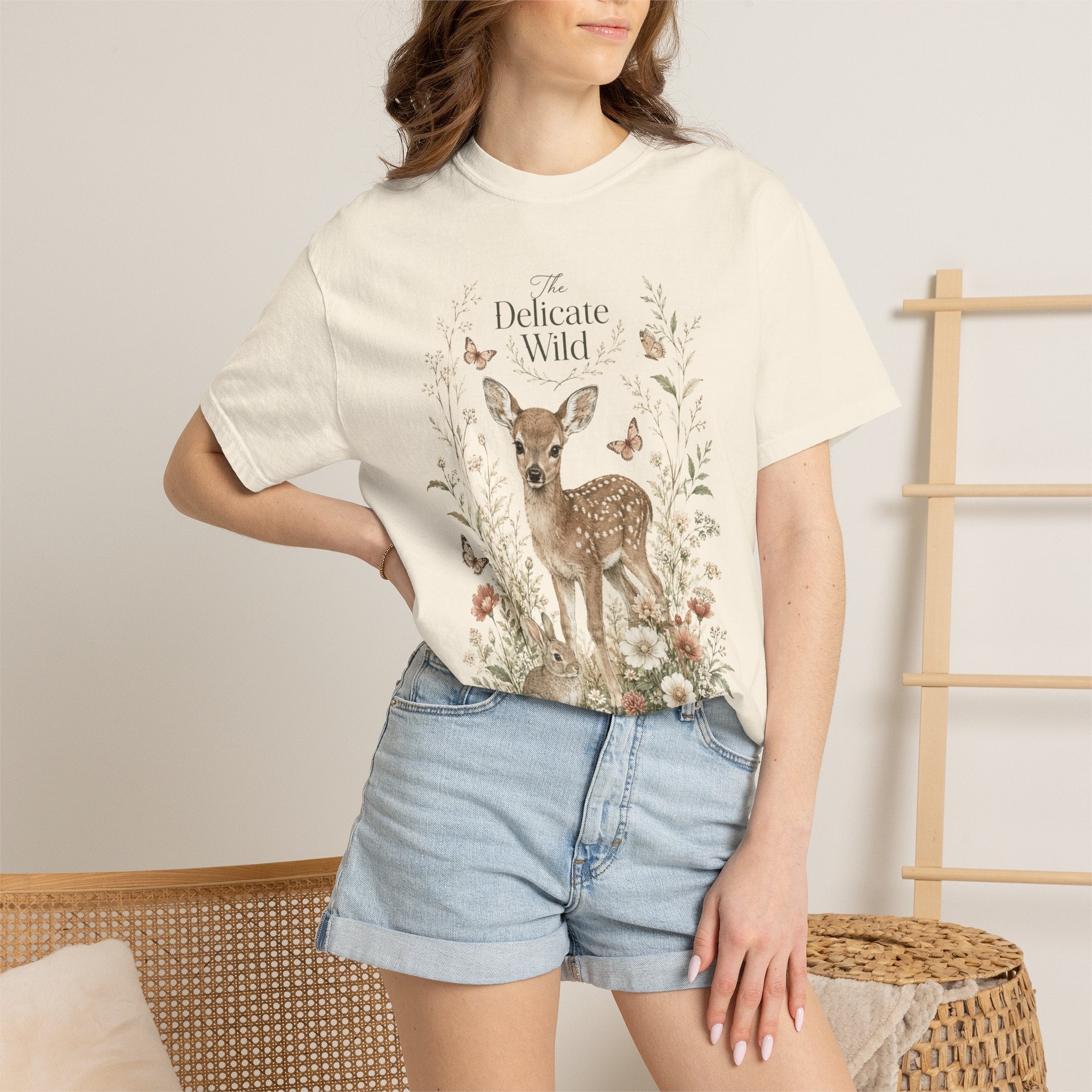 The Delicate Wild Shirt, Fawn Rabbit Butterfly Tee Woodland Animal Shirt, Cottagecore Nature Shirt, Soft Floral Graphic Tee, Boho Wildlife T