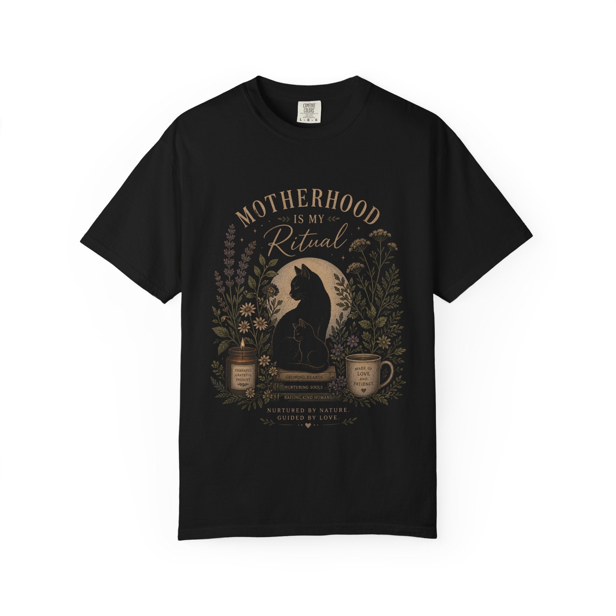 Motherhood Is My Ritual Shirt | Witchy Cat Mom Tee | Botanical Moon Floral T-Shirt | Cottagecore Spiritual Mom Gift | Black Cat Aesthetic Top