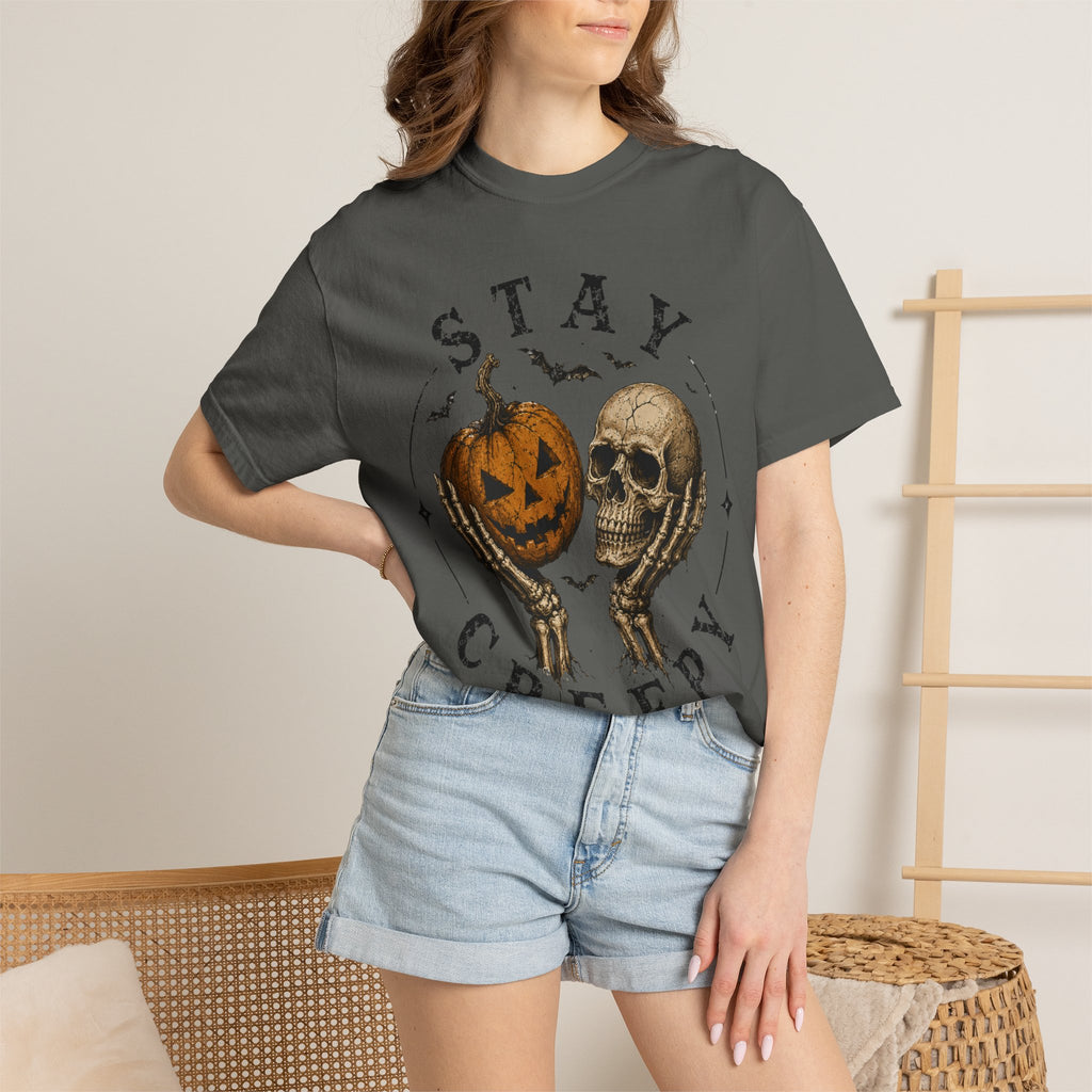 Stay Creepy Shirt, Halloween Pumpkin Skull Tee, Vintage Spooky Graphic Shirt, Jack O Lantern Skeleton Hands Tee, Cute Creepy Halloween Gift