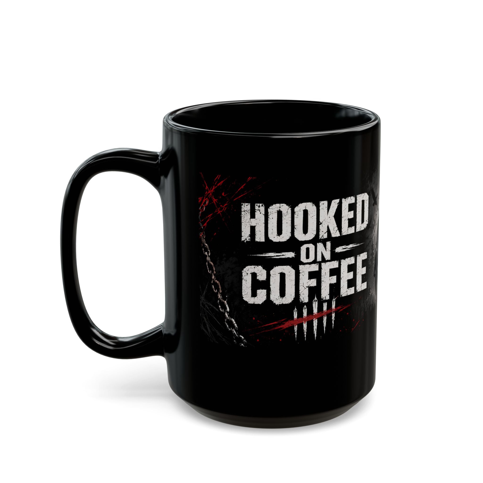 Hooked on Coffee Mug, 15 oz Black Horror Gaming Mug, Survivor Killer Coffee Cup, Gift for DBD Fans and Coffee Lovers