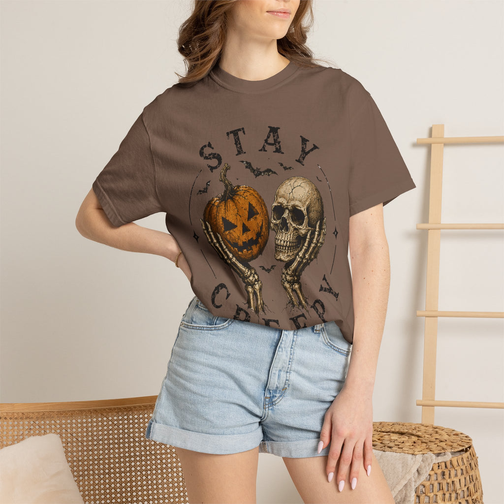 Stay Creepy Shirt, Halloween Pumpkin Skull Tee, Vintage Spooky Graphic Shirt, Jack O Lantern Skeleton Hands Tee, Cute Creepy Halloween Gift