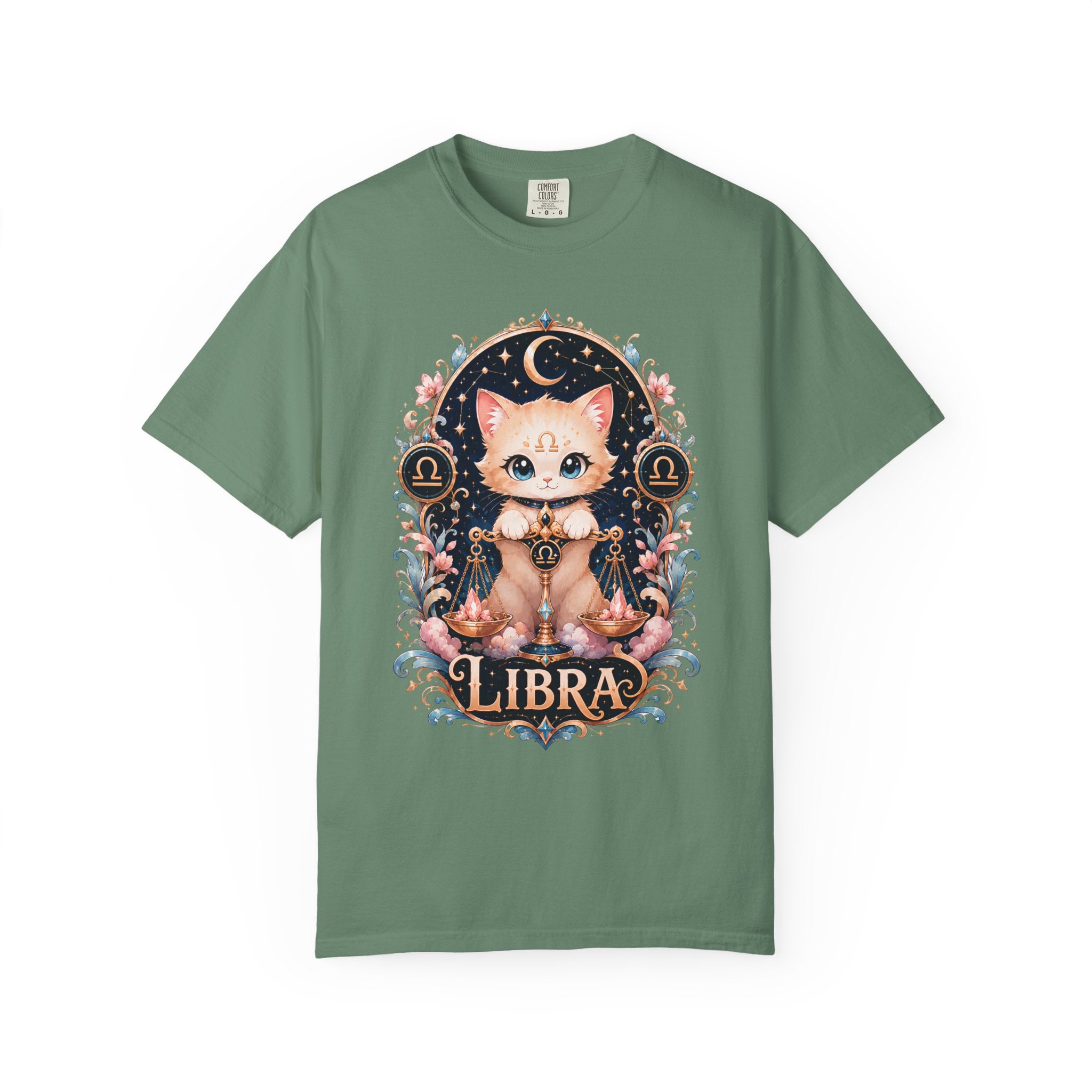 Libra Cat Illustration T-Shirt, Cute Zodiac Cat Shirt, Astrology Cat Lover Tee, Horoscope Kitty Shirt, Celestial Zodiac Gift