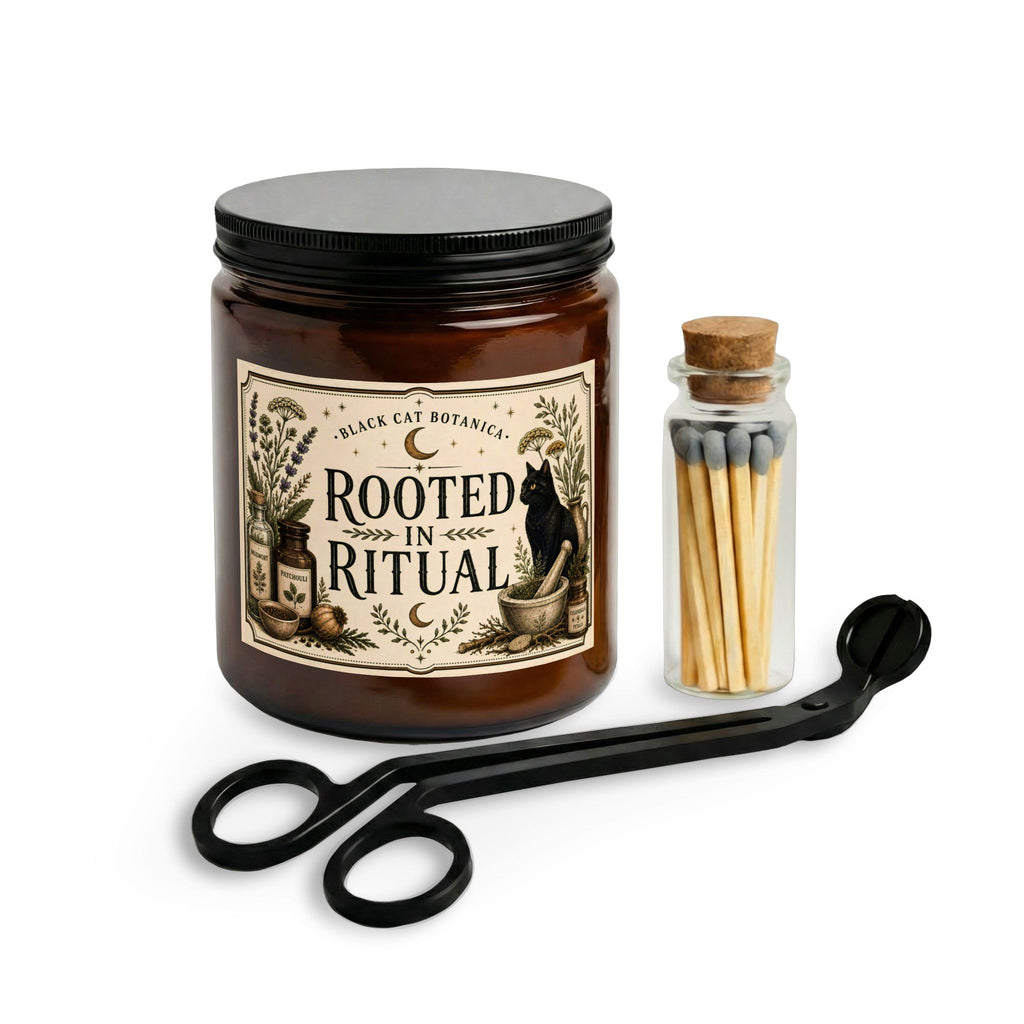 Rooted in Ritual Candle Set, Black Cat Botanica Apothecary Candle, Witchy Candle Gift, Botanical Soy Candle, Match Jar and Wick Trimmer Set