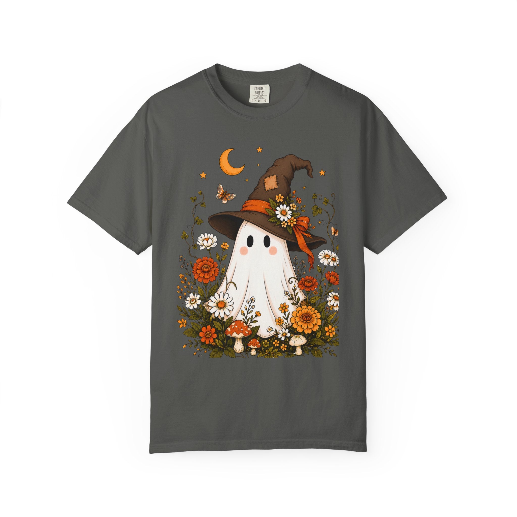 Cute Ghost Halloween Shirt, Cottagecore Ghost Tee, WItch Hat Ghost Shirt, Fall Wildflower Shirt, Spooky Season Comfort Colors Tee