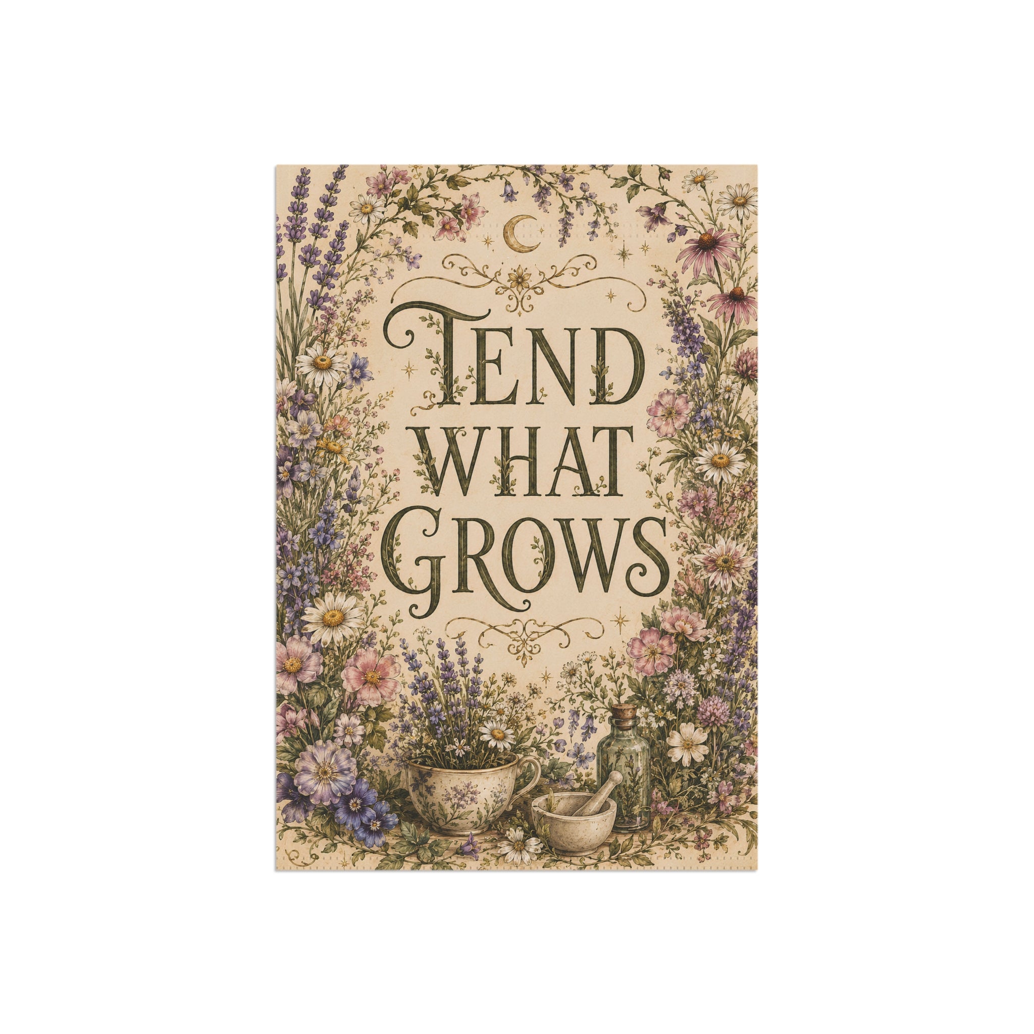 Tend What Grows Garden Flag, Cottagecore Garden Decor, Herbal Apothecary Flag, Botanical Yard Flag, Floral Spring Garden Flag