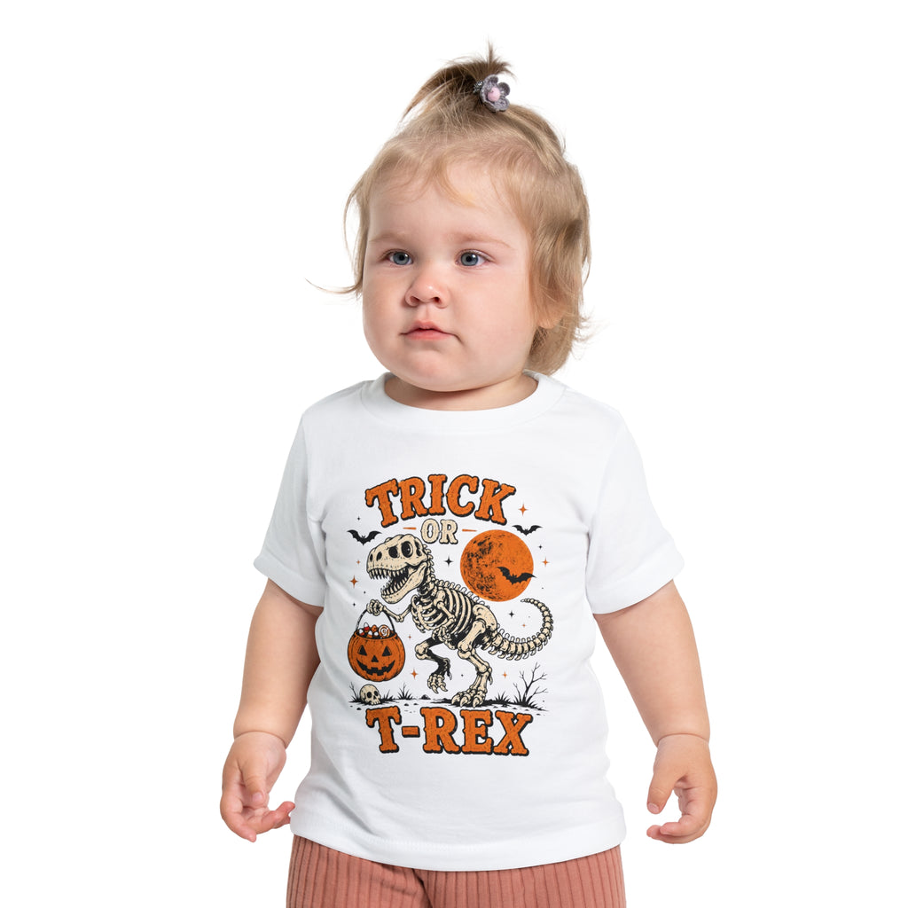 Trick or T-Rex Baby Short Sleeve T-Shirt | Halloween Dinosaur Pumpkin