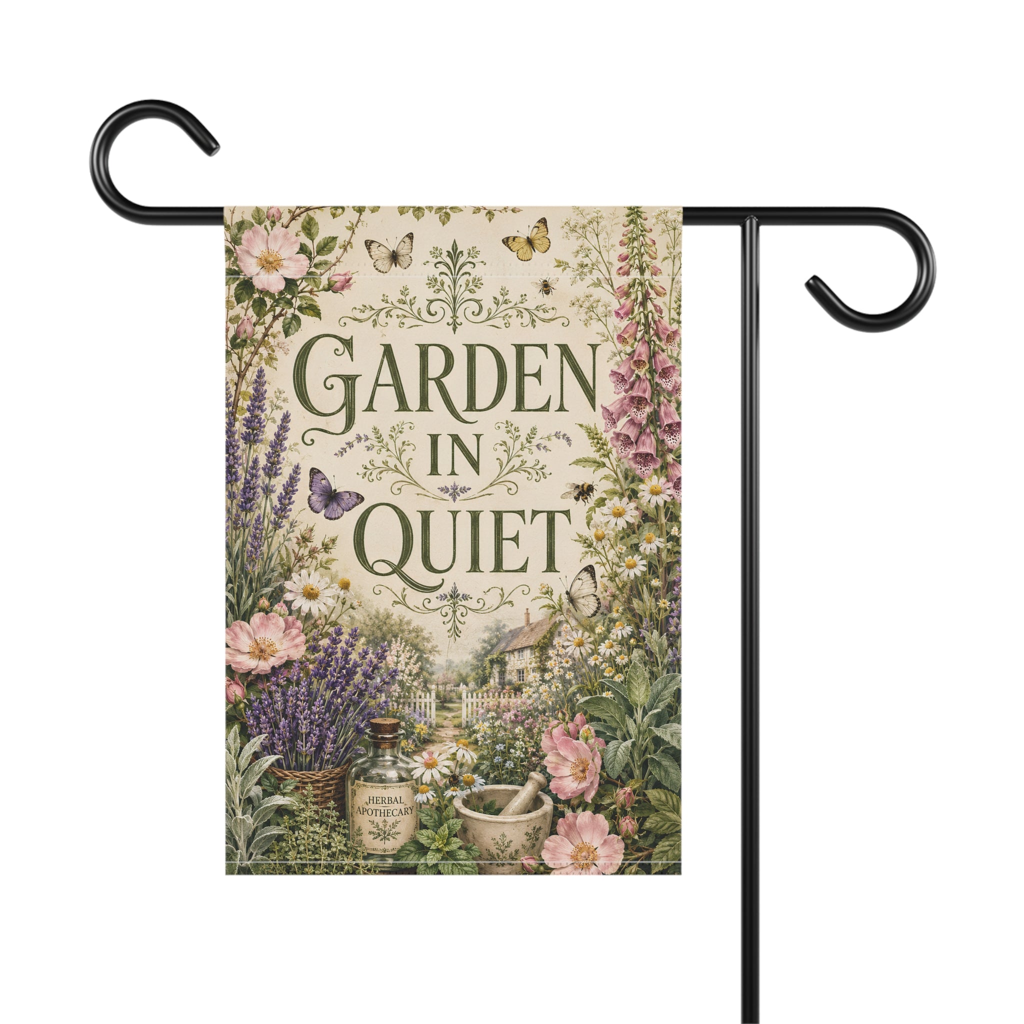 Garden in Quiet Garden Flag, Cottagecore Garden Decor, Herbal Apothecary Flag, Botanical Yard Flag, Floral Outdoor Flag