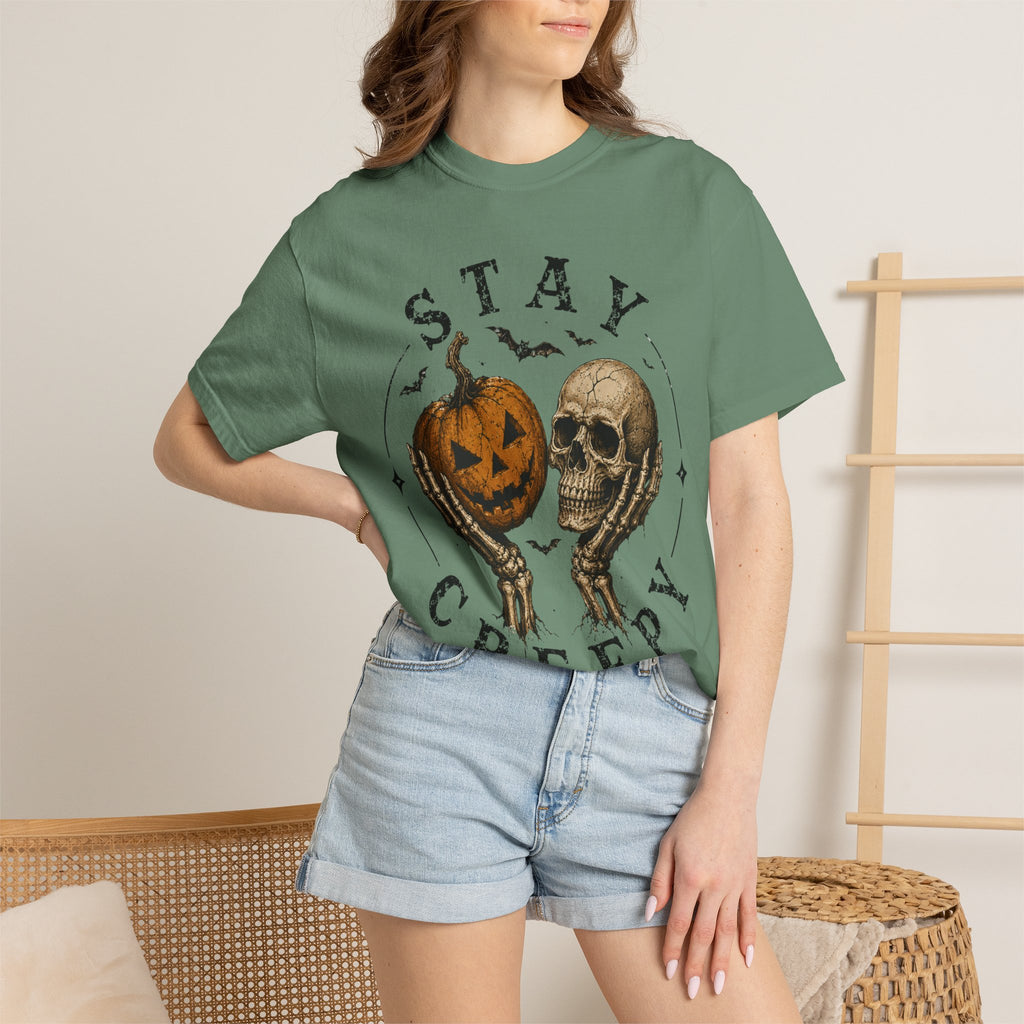 Stay Creepy Shirt, Halloween Pumpkin Skull Tee, Vintage Spooky Graphic Shirt, Jack O Lantern Skeleton Hands Tee, Cute Creepy Halloween Gift