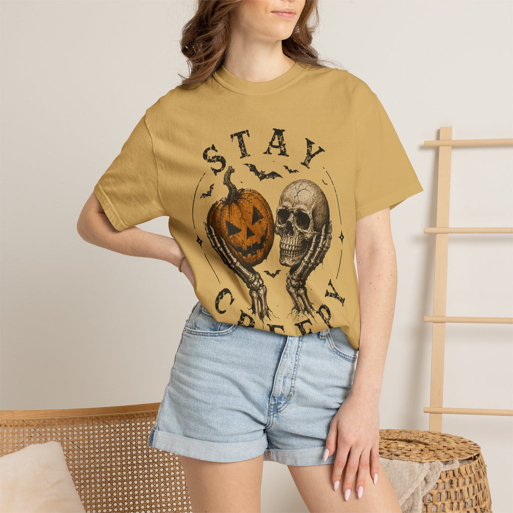 Stay Creepy Shirt, Halloween Pumpkin Skull Tee, Vintage Spooky Graphic Shirt, Jack O Lantern Skeleton Hands Tee, Cute Creepy Halloween Gift