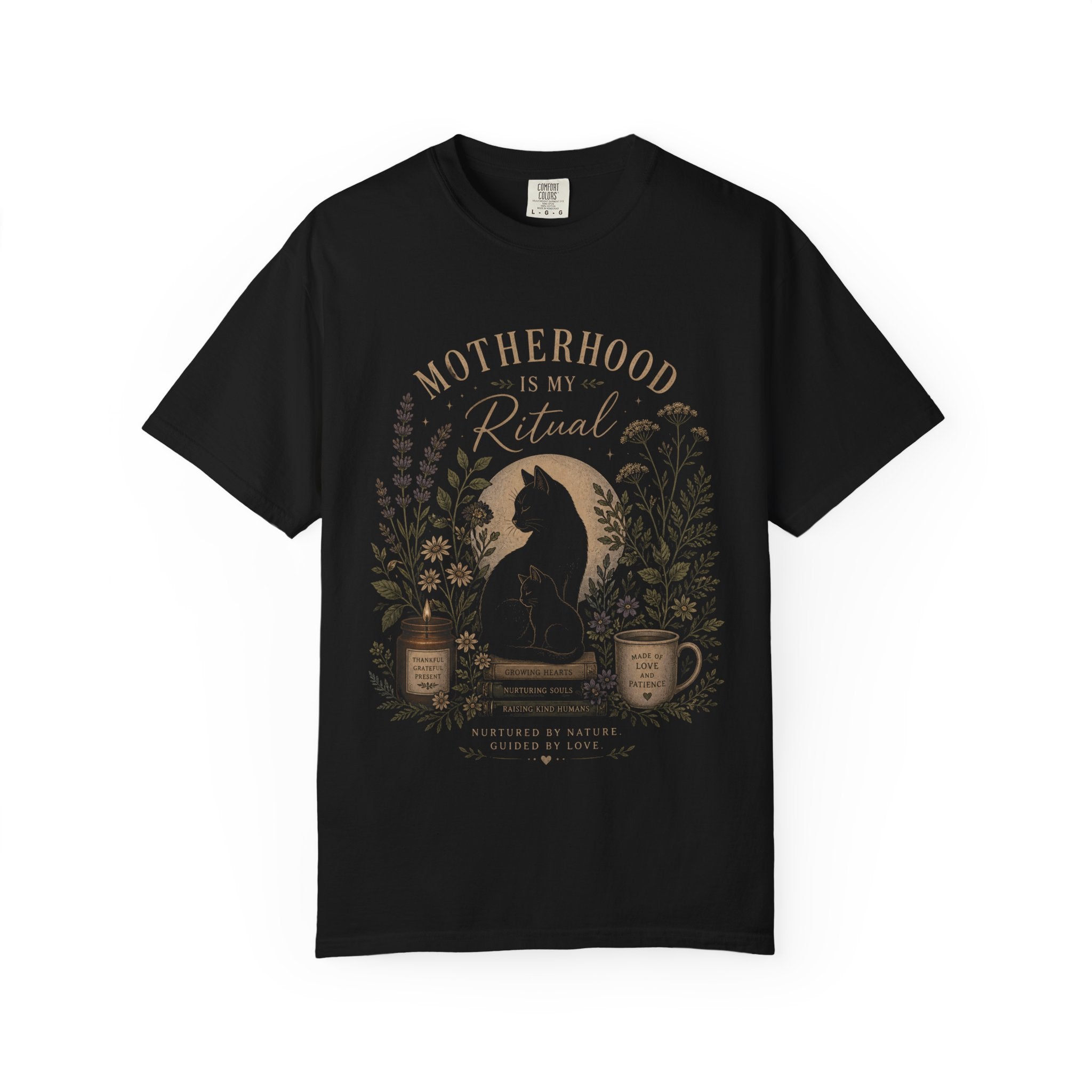 Motherhood Is My Ritual Shirt Witchy Botanical Moon Floral T-Shirt  Cottagecore Spiritual Mom Gift | Black Cat Aesthetic Top