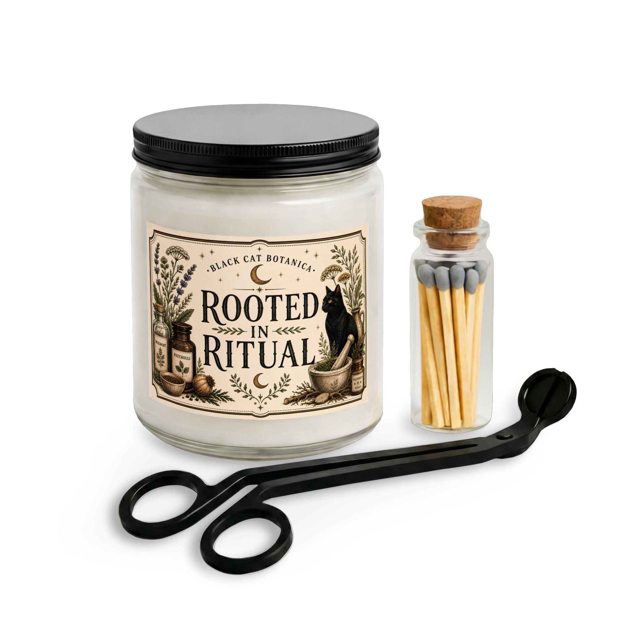 Rooted in Ritual Candle Set, Black Cat Botanica Apothecary Candle, Witchy Candle Gift, Botanical Soy Candle, Match Jar and Wick Trimmer Set