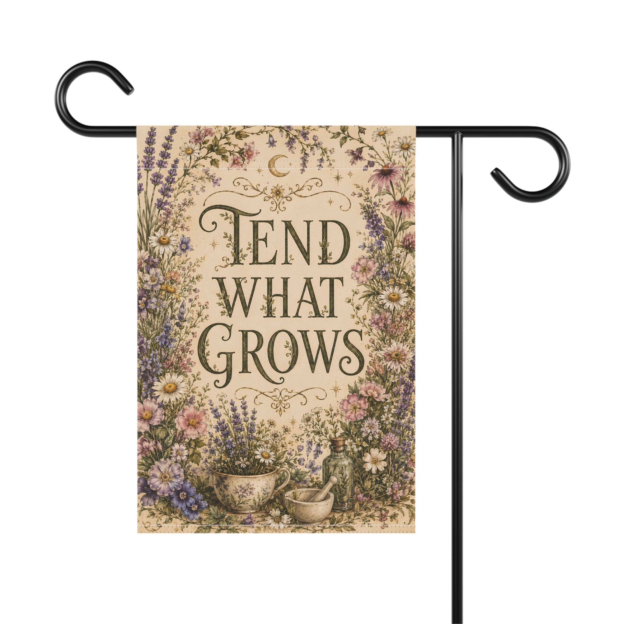 Tend What Grows Garden Flag, Cottagecore Garden Decor, Herbal Apothecary Flag, Botanical Yard Flag, Floral Spring Garden Flag