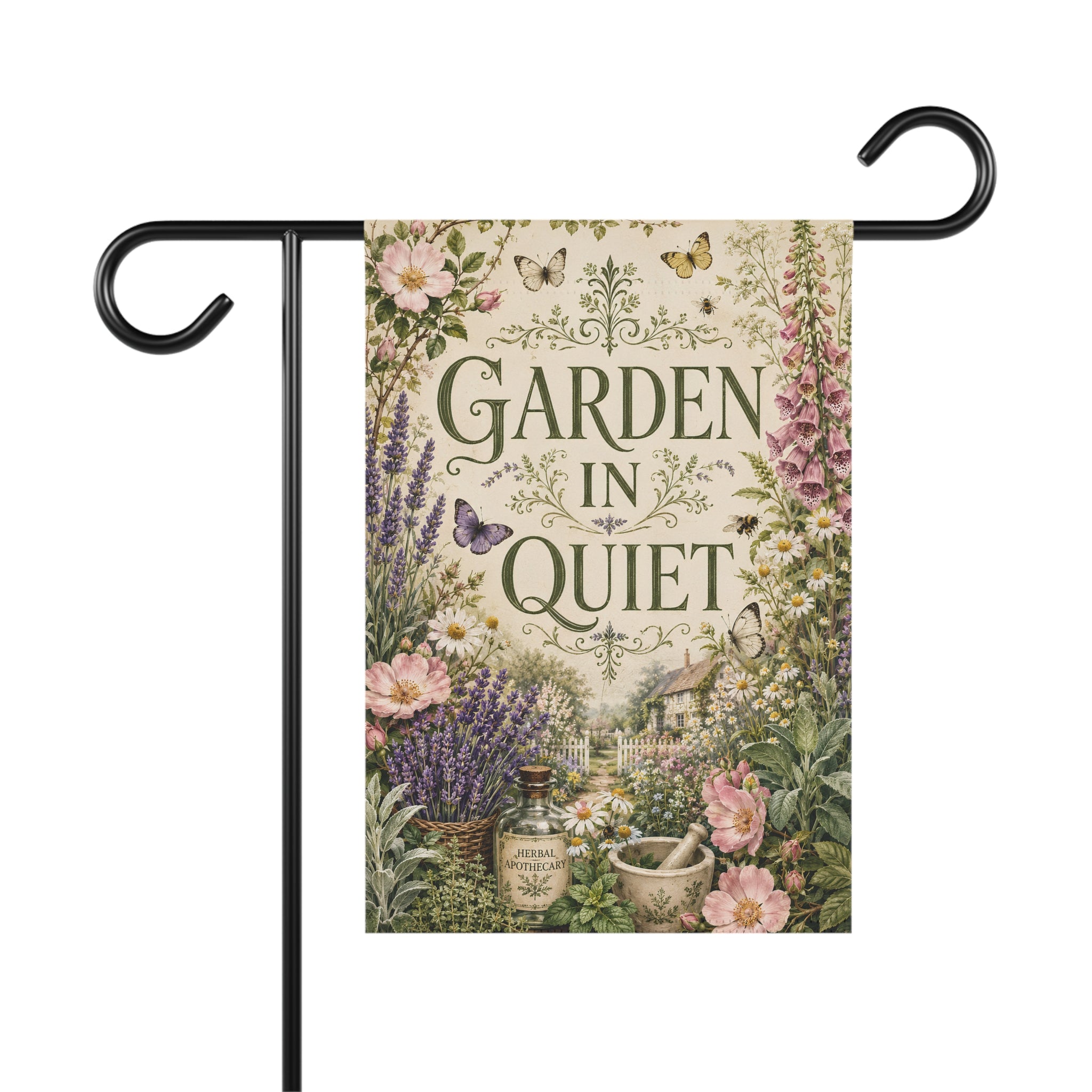 Garden in Quiet Garden Flag, Cottagecore Garden Decor, Herbal Apothecary Flag, Botanical Yard Flag, Floral Outdoor Flag