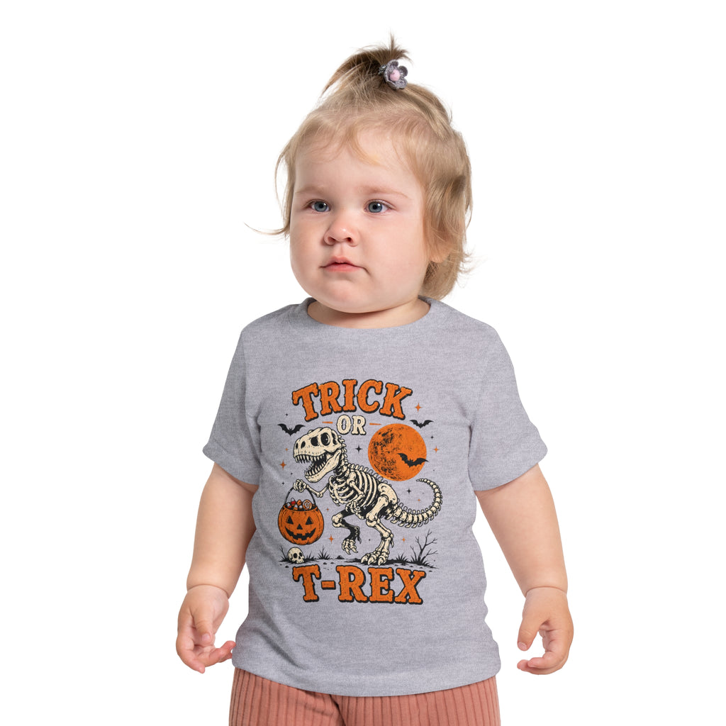 Trick or T-Rex Baby Short Sleeve T-Shirt | Halloween Dinosaur Pumpkin