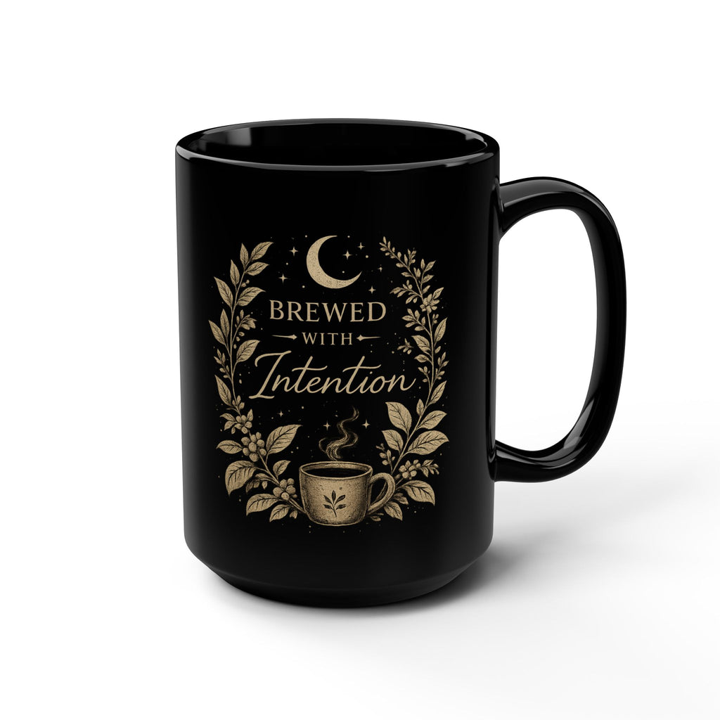 Double Sided Witchy Mug, Brewed With Intention, Black Ceramic Coffee Cup, Spiritual Gift for Her, Moon & Botanical Witch Aesthetic Mug