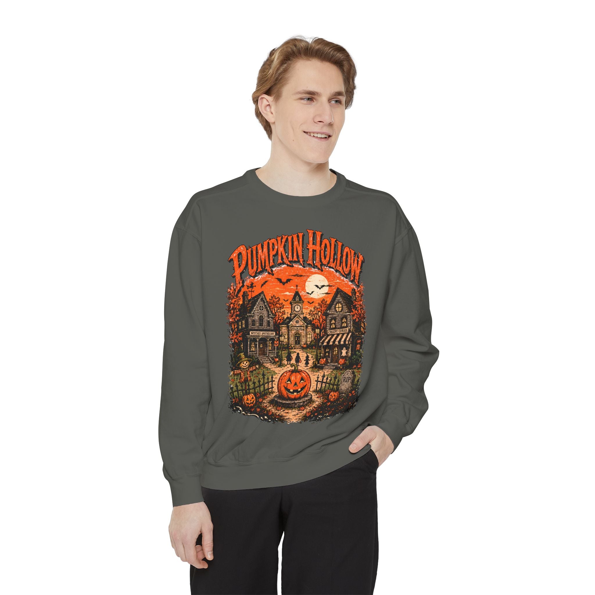 Pumpkin Hollow village scene Sweatshirt | Halloween pumpkin graphic