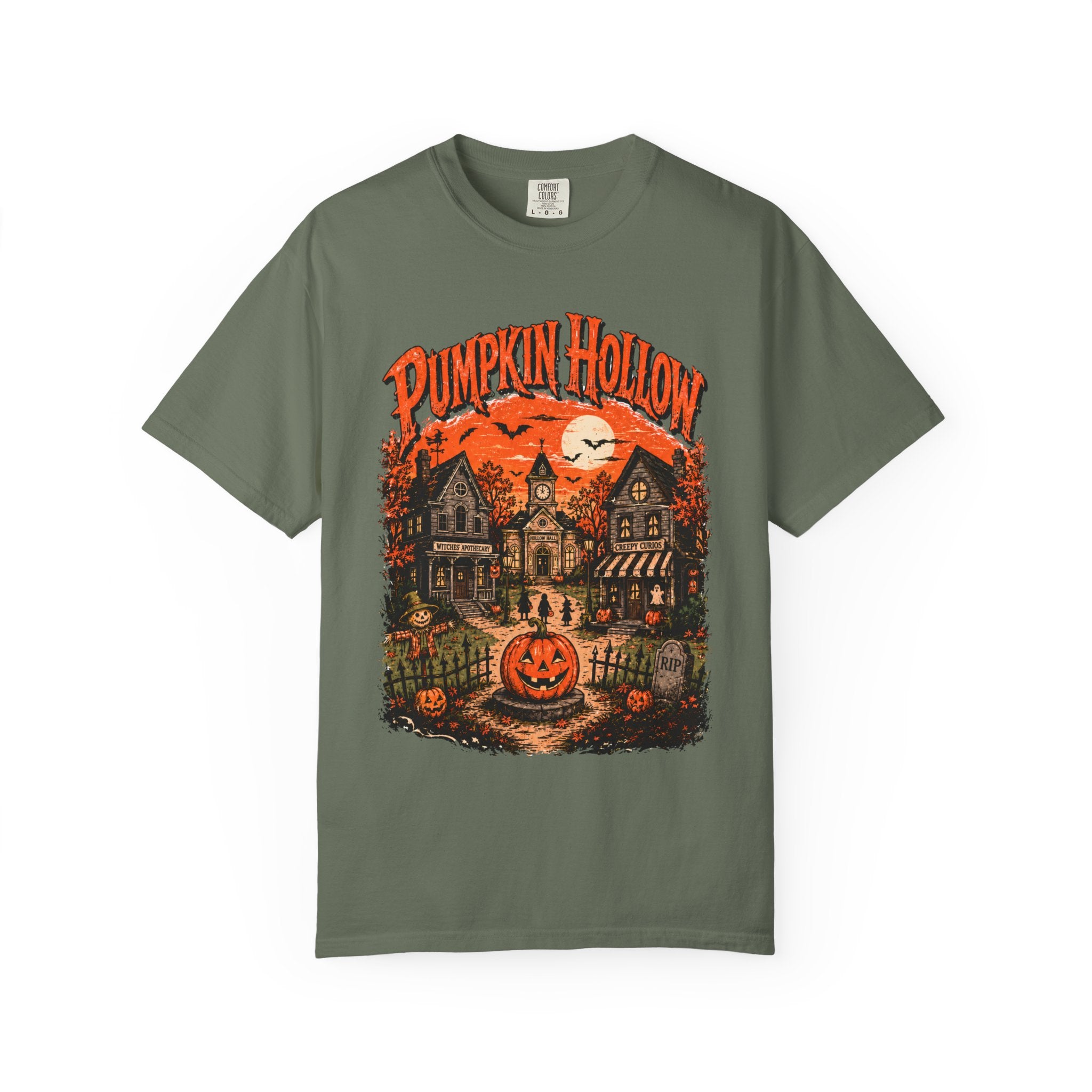 Pumpkin Hollow Halloween scene T-shirt | Vintage haunted village design