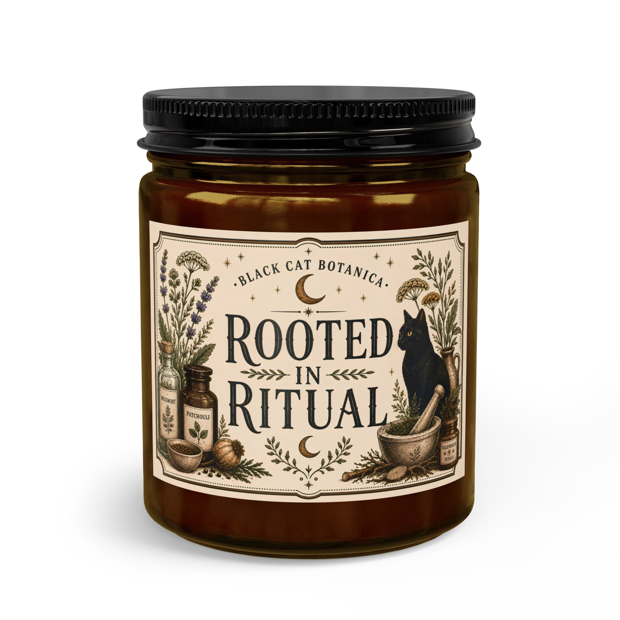 Rooted in Ritual Candle Set, Black Cat Botanica Apothecary Candle, Witchy Candle Gift, Botanical Soy Candle, Match Jar and Wick Trimmer Set