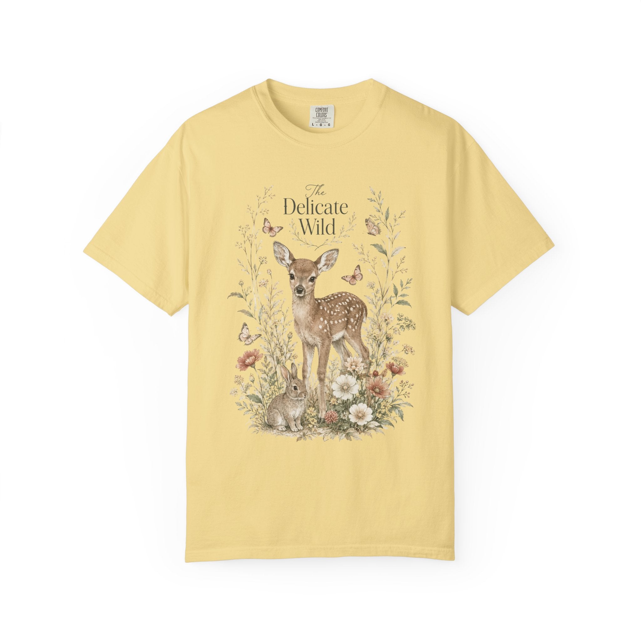 The Delicate Wild Shirt, Fawn Rabbit Butterfly Tee Woodland Animal Shirt, Cottagecore Nature Shirt, Soft Floral Graphic Tee, Boho Wildlife T