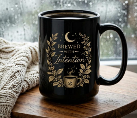 Double Sided Witchy Mug, Brewed With Intention, Black Ceramic Coffee Cup, Spiritual Gift for Her, Moon & Botanical Witch Aesthetic Mug