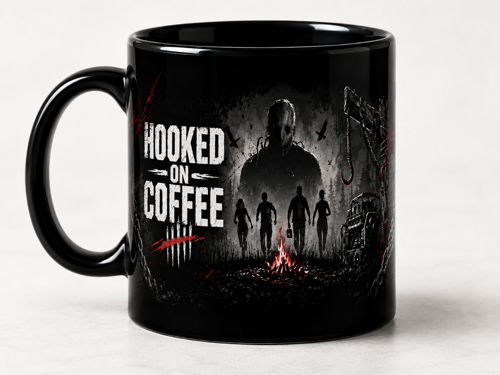 Hooked on Coffee Mug, 15 oz Black Horror Gaming Mug, Survivor Killer Coffee Cup, Gift for DBD Fans and Coffee Lovers
