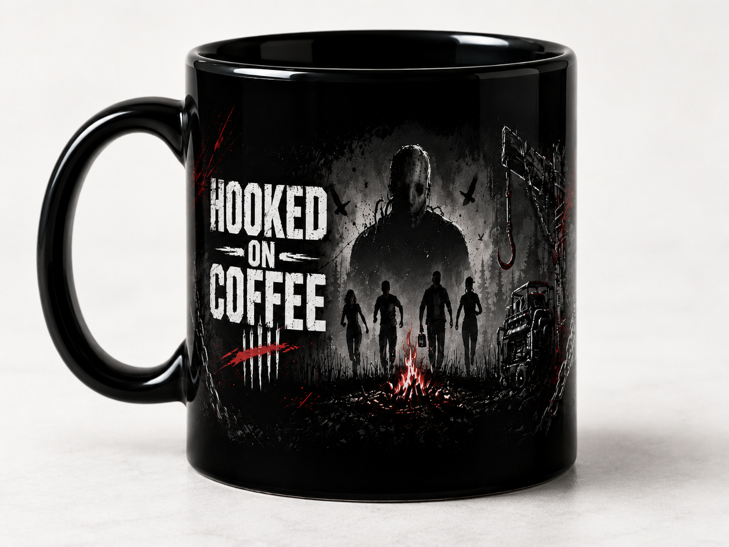 Hooked on Coffee Mug, 15 oz Black Horror Gaming Mug, Survivor Killer Coffee Cup, Gift for DBD Fans and Coffee Lovers