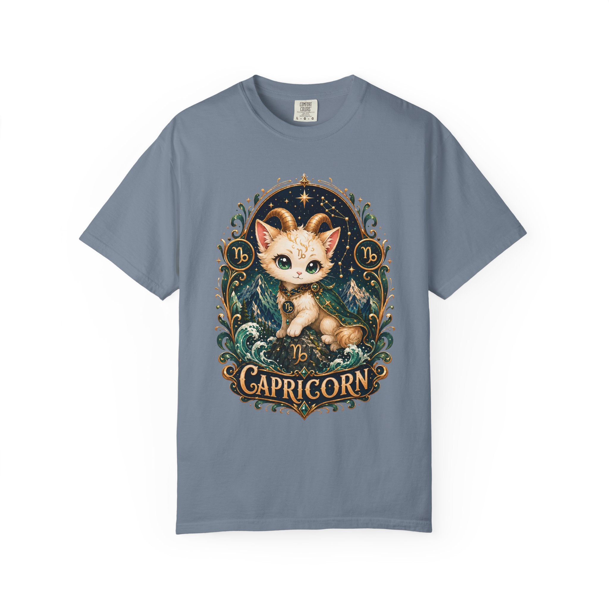 Capricorn Cat Illustration T-Shirt | Zodiac Kitty Graphic Tee
