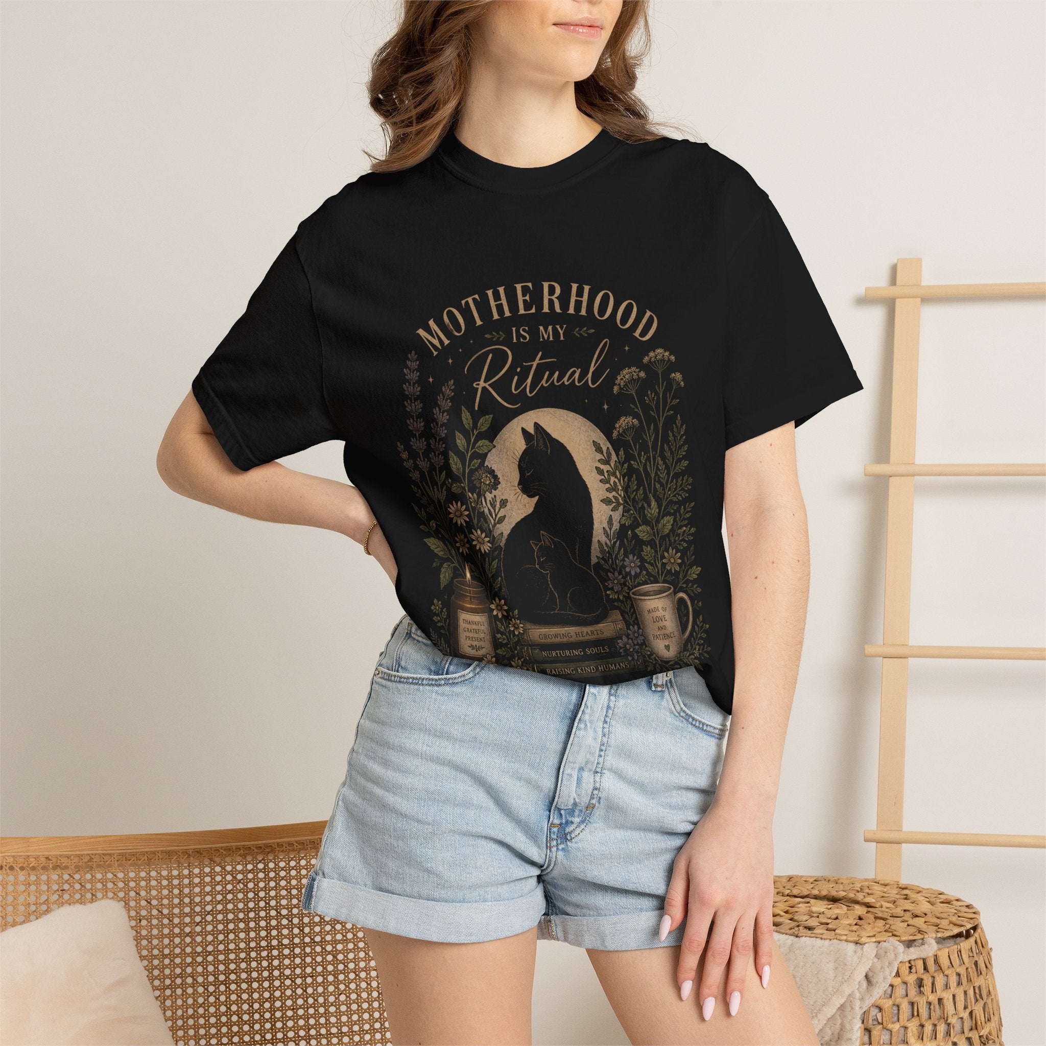 Motherhood Is My Ritual Shirt | Witchy Cat Mom Tee | Botanical Moon Floral T-Shirt | Cottagecore Spiritual Mom Gift | Black Cat Aesthetic Top