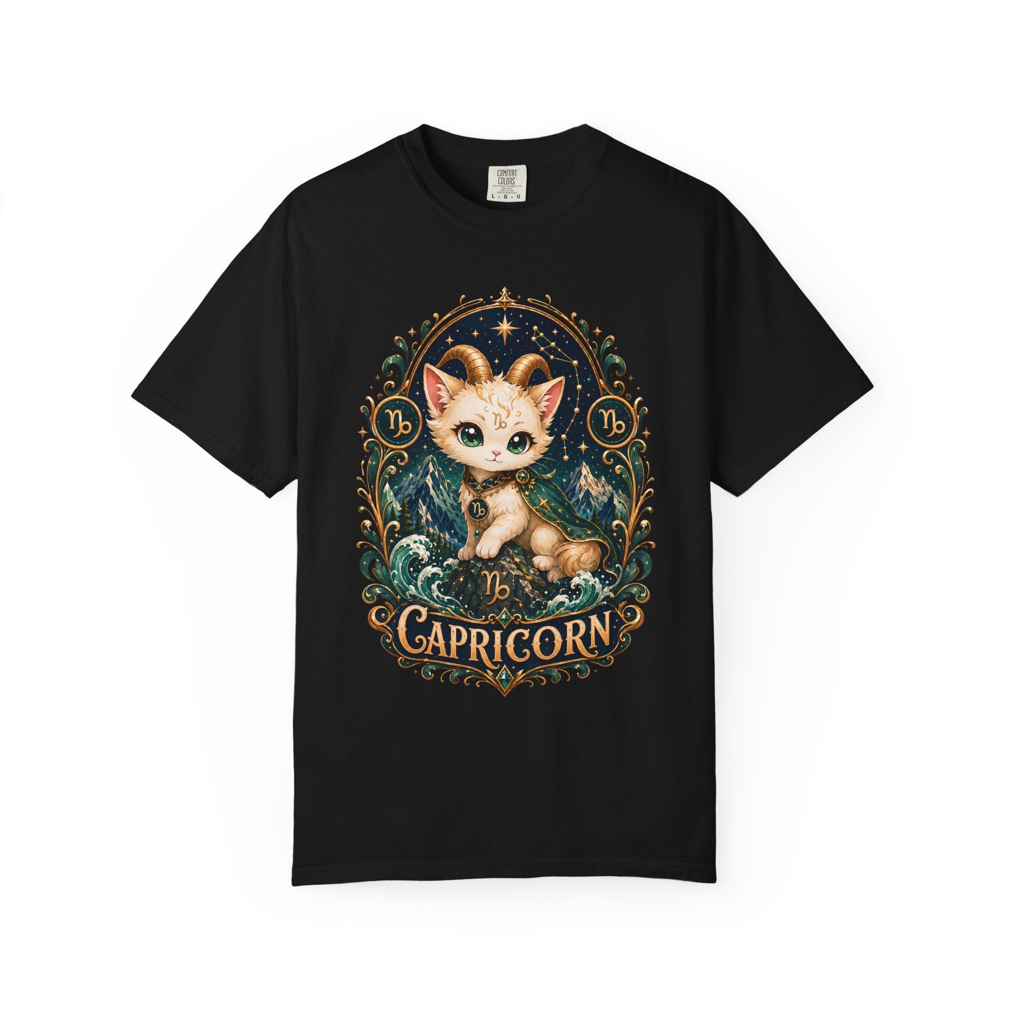 Capricorn Cat Illustration T-Shirt | Zodiac Kitty Graphic Tee