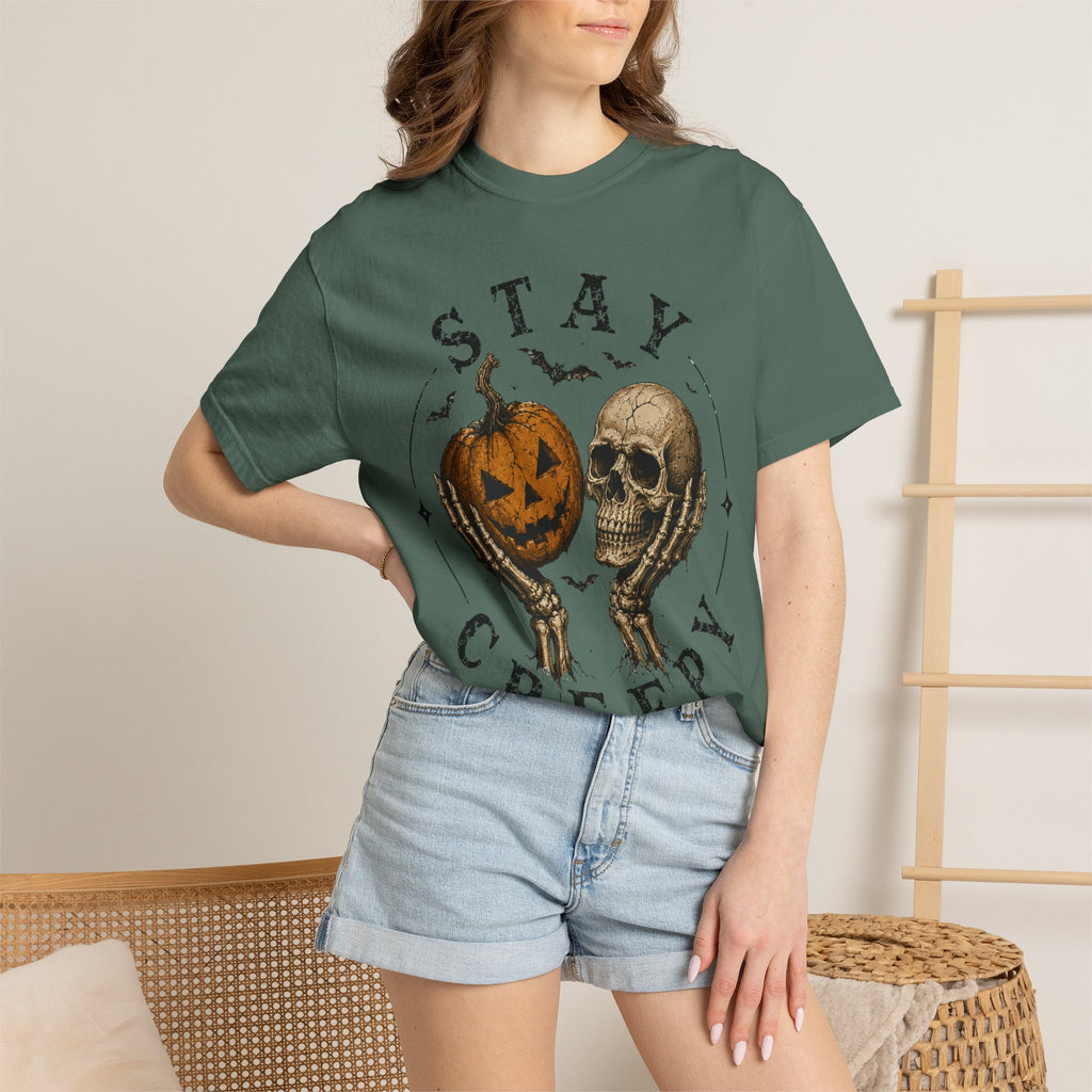 Stay Creepy Shirt, Halloween Pumpkin Skull Tee, Vintage Spooky Graphic Shirt, Jack O Lantern Skeleton Hands Tee, Cute Creepy Halloween Gift