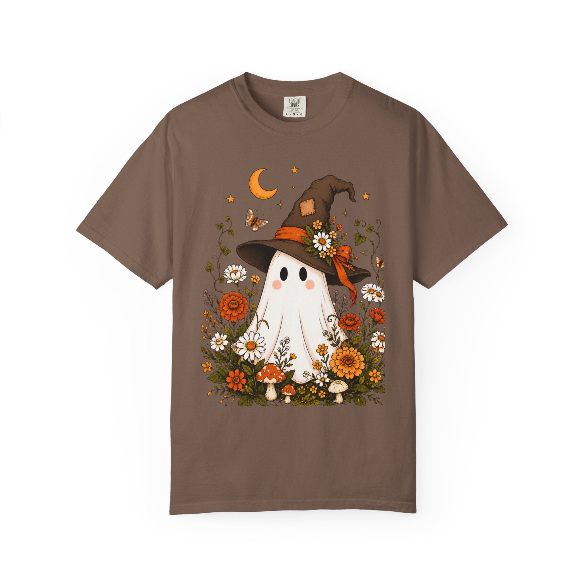 Cute Ghost Halloween Shirt, Cottagecore Ghost Tee, WItch Hat Ghost Shirt, Fall Wildflower Shirt, Spooky Season Comfort Colors Tee