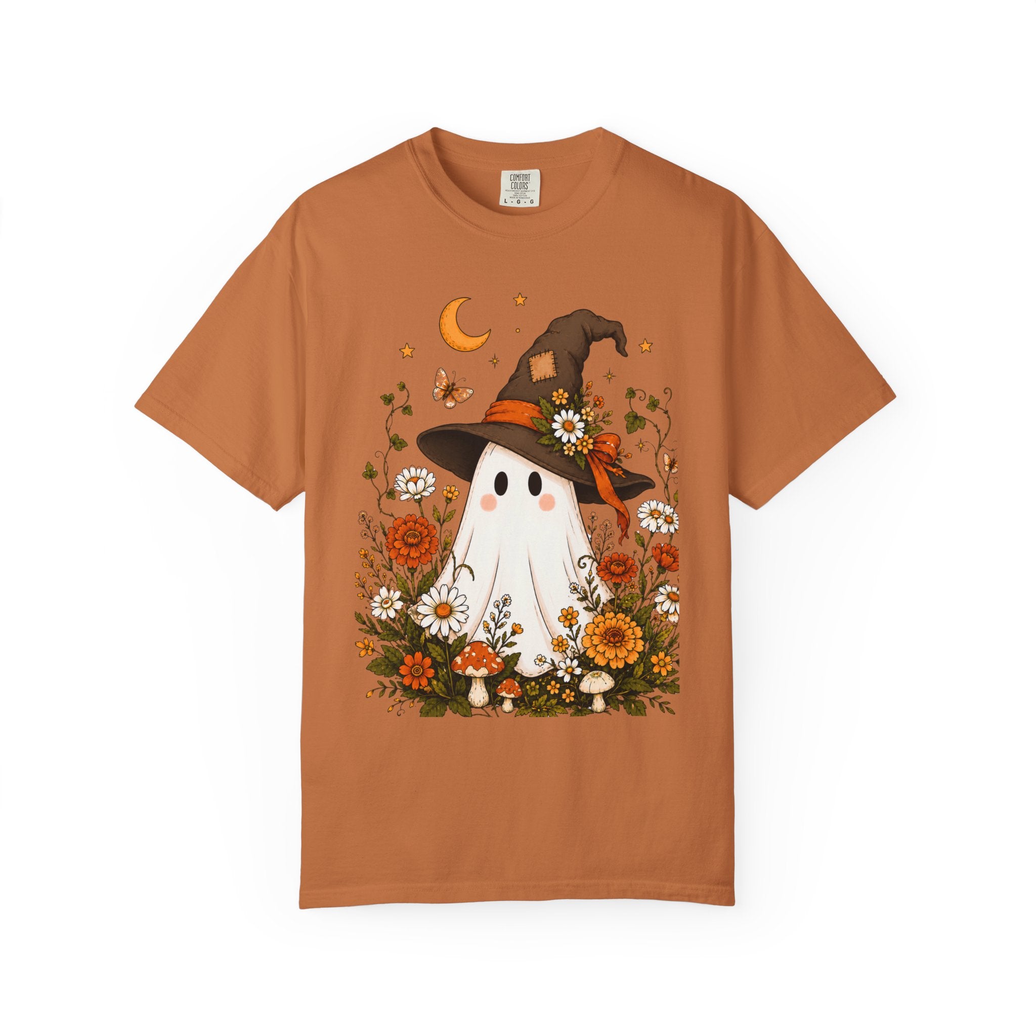 Cute Ghost Halloween Shirt, Cottagecore Ghost Tee, WItch Hat Ghost Shirt, Fall Wildflower Shirt, Spooky Season Comfort Colors Tee