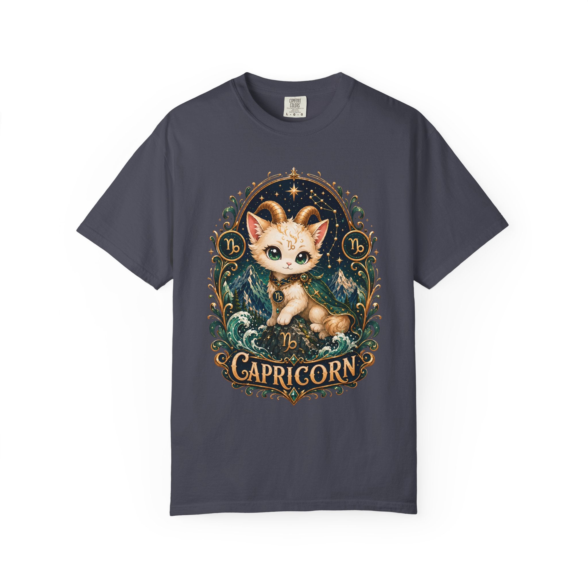 Capricorn Cat Illustration T-Shirt | Zodiac Kitty Graphic Tee