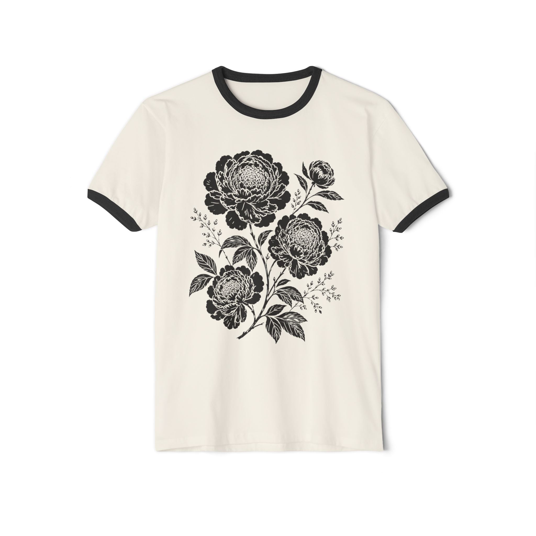 Vintage Peony Ringer Shirt, Botanical Floral Graphic Tee, Cottagecore Flower TShirt, Retro Black Floral Tee, Boho Garden Shirt Gift