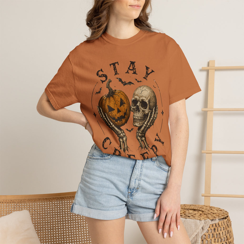 Stay Creepy Shirt, Halloween Pumpkin Skull Tee, Vintage Spooky Graphic Shirt, Jack O Lantern Skeleton Hands Tee, Cute Creepy Halloween Gift