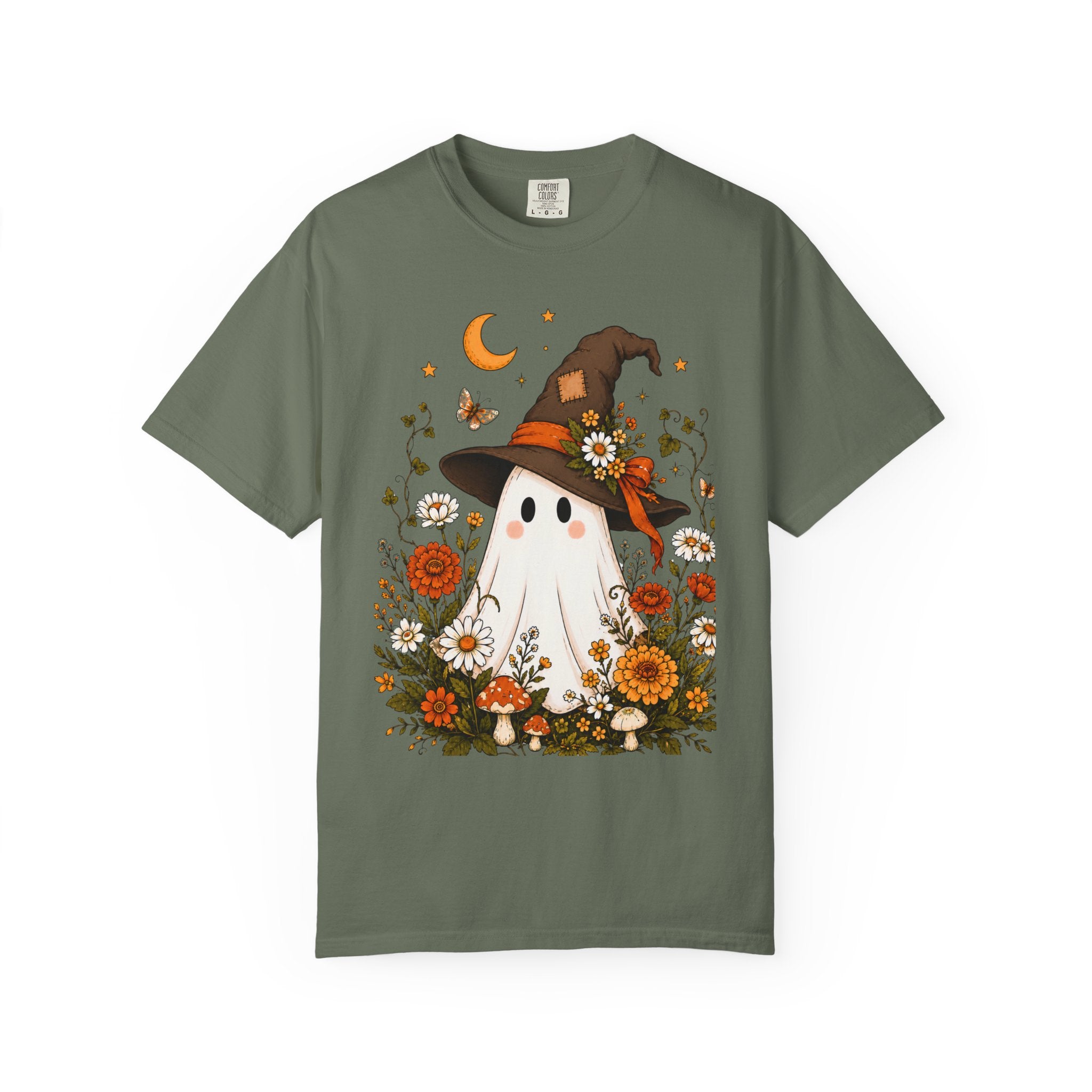 Cute Ghost Halloween Shirt, Cottagecore Ghost Tee, WItch Hat Ghost Shirt, Fall Wildflower Shirt, Spooky Season Comfort Colors Tee