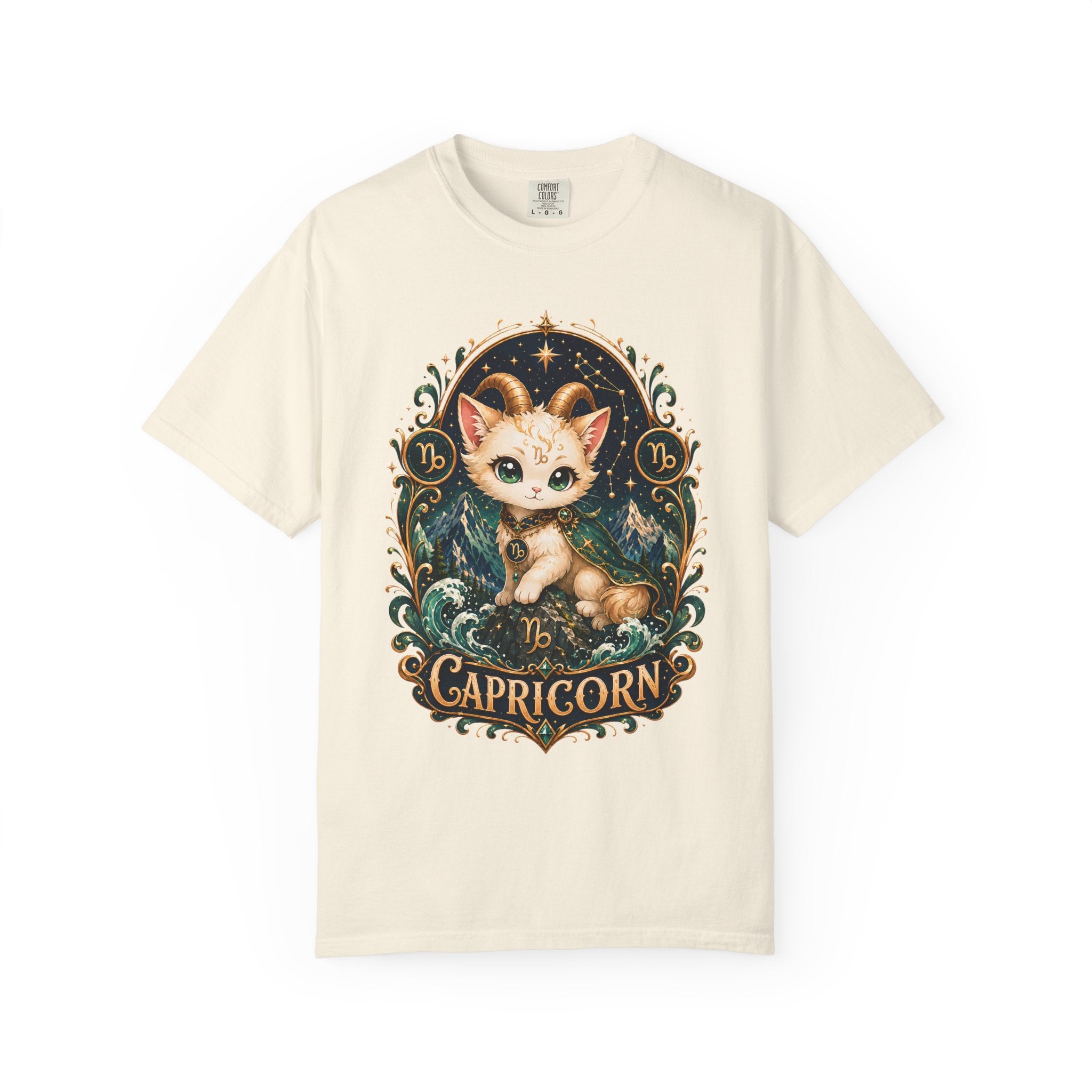 Capricorn Cat Illustration T-Shirt | Zodiac Kitty Graphic Tee