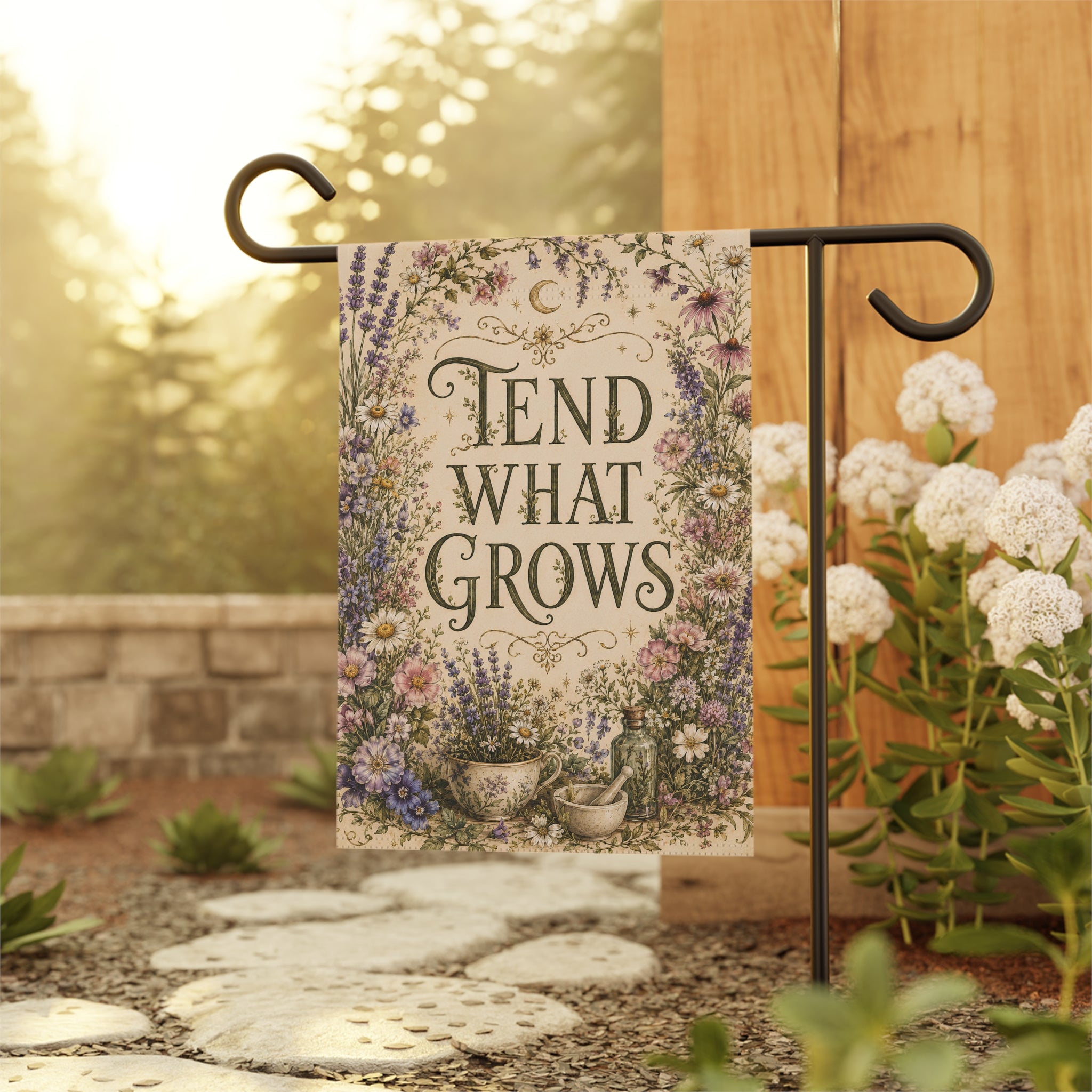 Tend What Grows Garden Flag, Cottagecore Garden Decor, Herbal Apothecary Flag, Botanical Yard Flag, Floral Spring Garden Flag