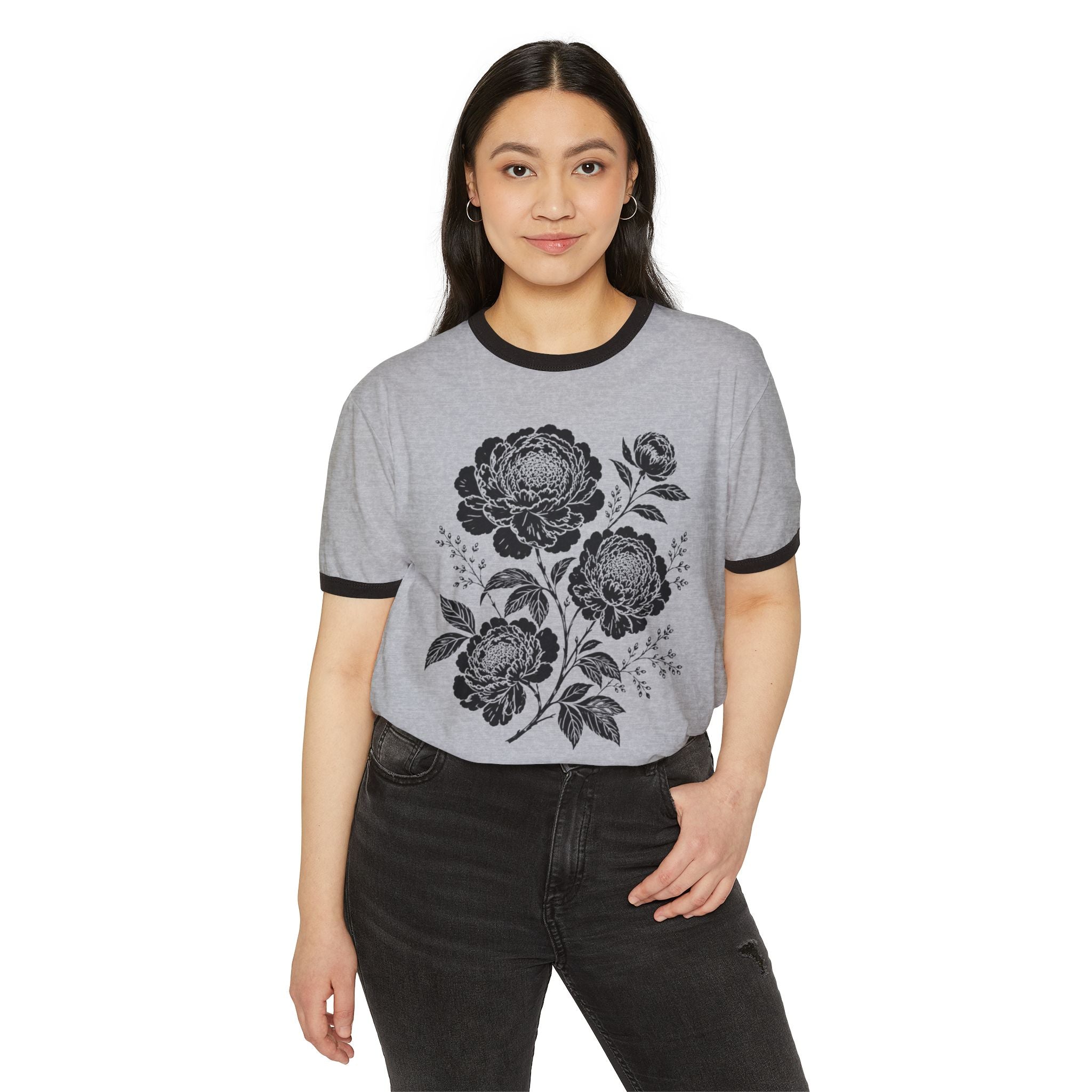 Vintage Peony Ringer Shirt, Botanical Floral Graphic Tee, Cottagecore Flower TShirt, Retro Black Floral Tee, Boho Garden Shirt Gift