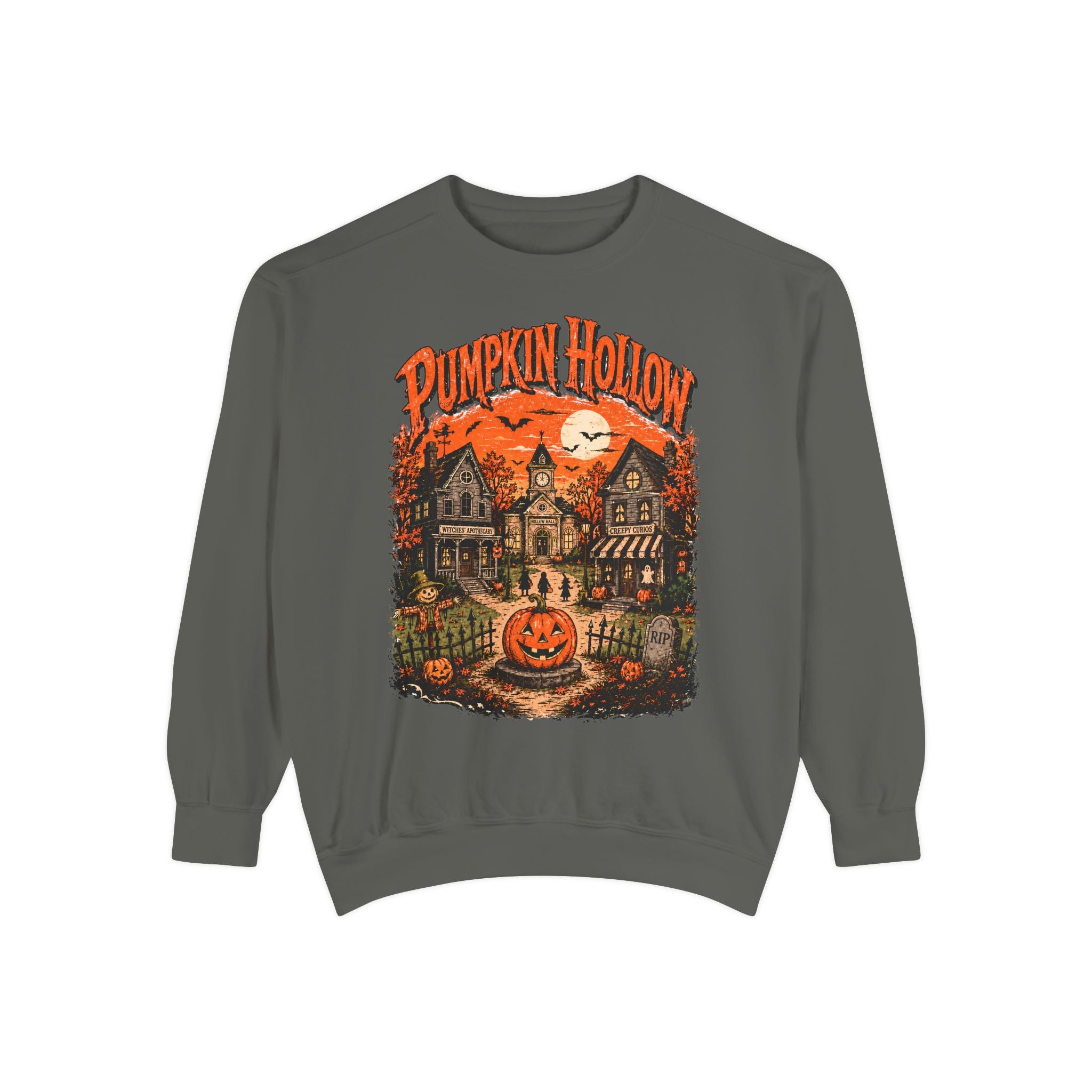 Pumpkin Hollow village scene Sweatshirt | Halloween pumpkin graphic