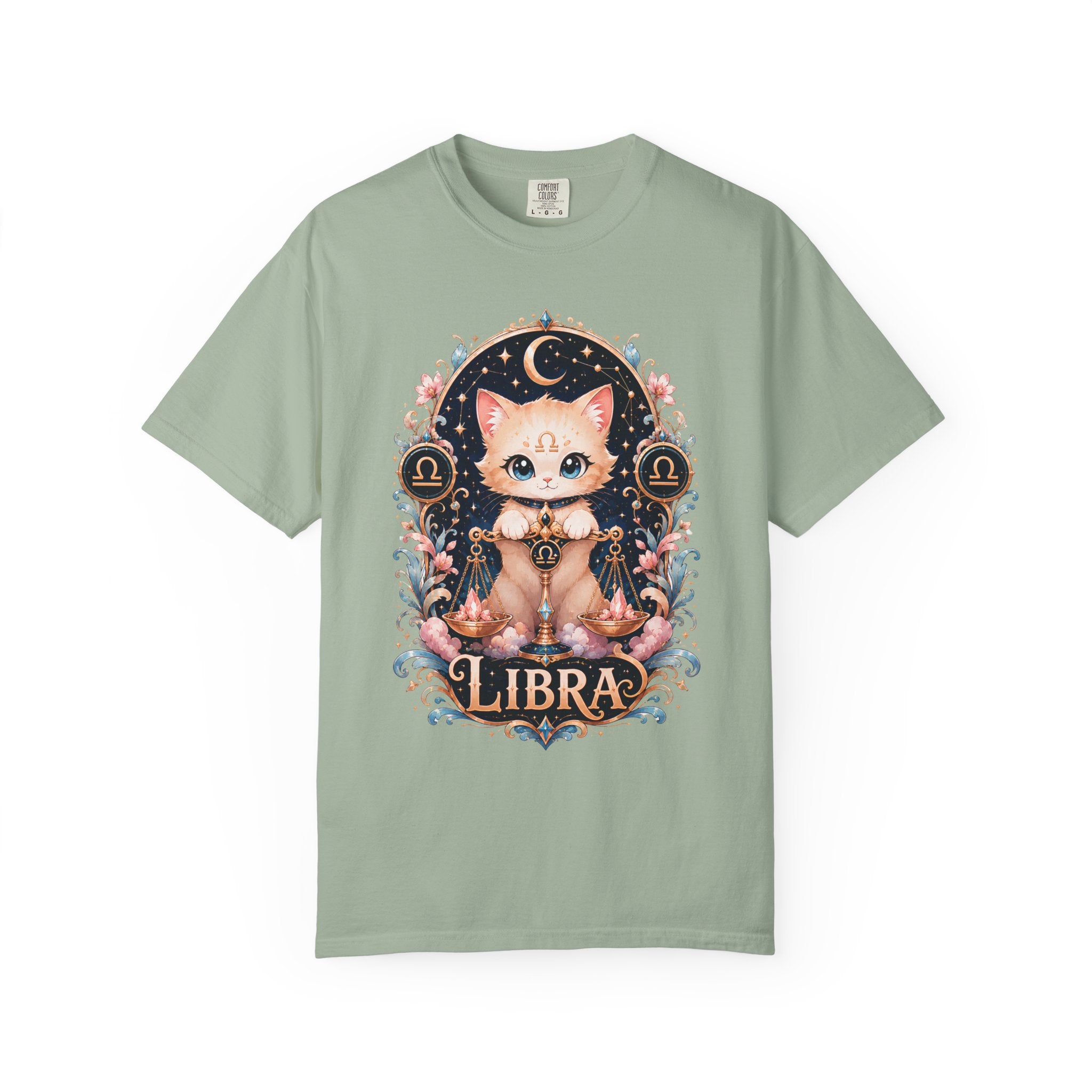 Libra Cat Illustration T-Shirt, Cute Zodiac Cat Shirt, Astrology Cat Lover Tee, Horoscope Kitty Shirt, Celestial Zodiac Gift