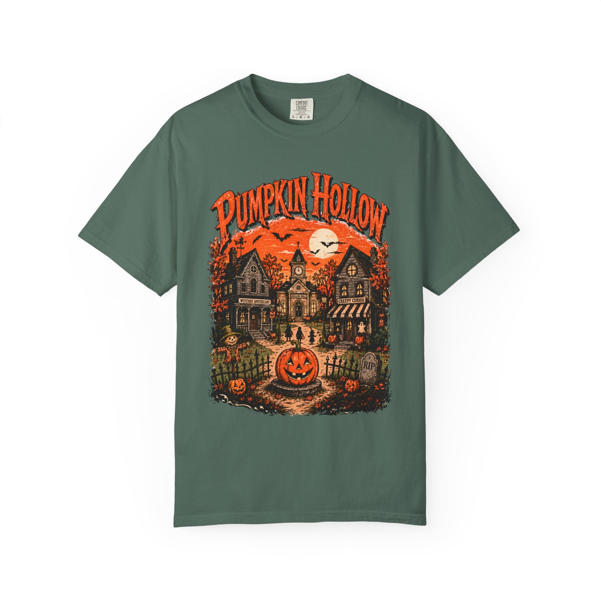Pumpkin Hollow Halloween scene T-shirt | Vintage haunted village design
