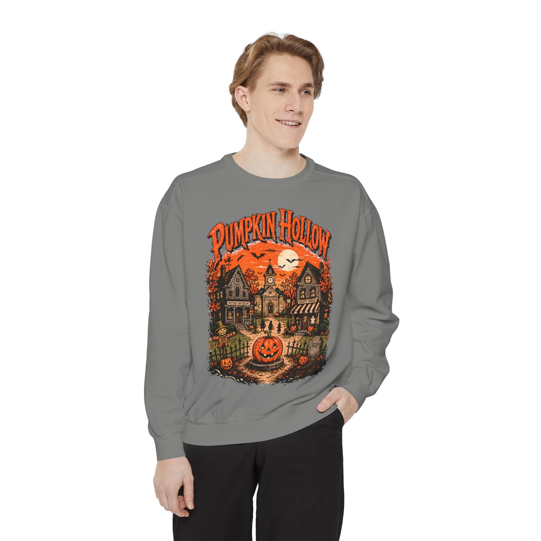 Pumpkin Hollow village scene Sweatshirt | Halloween pumpkin graphic